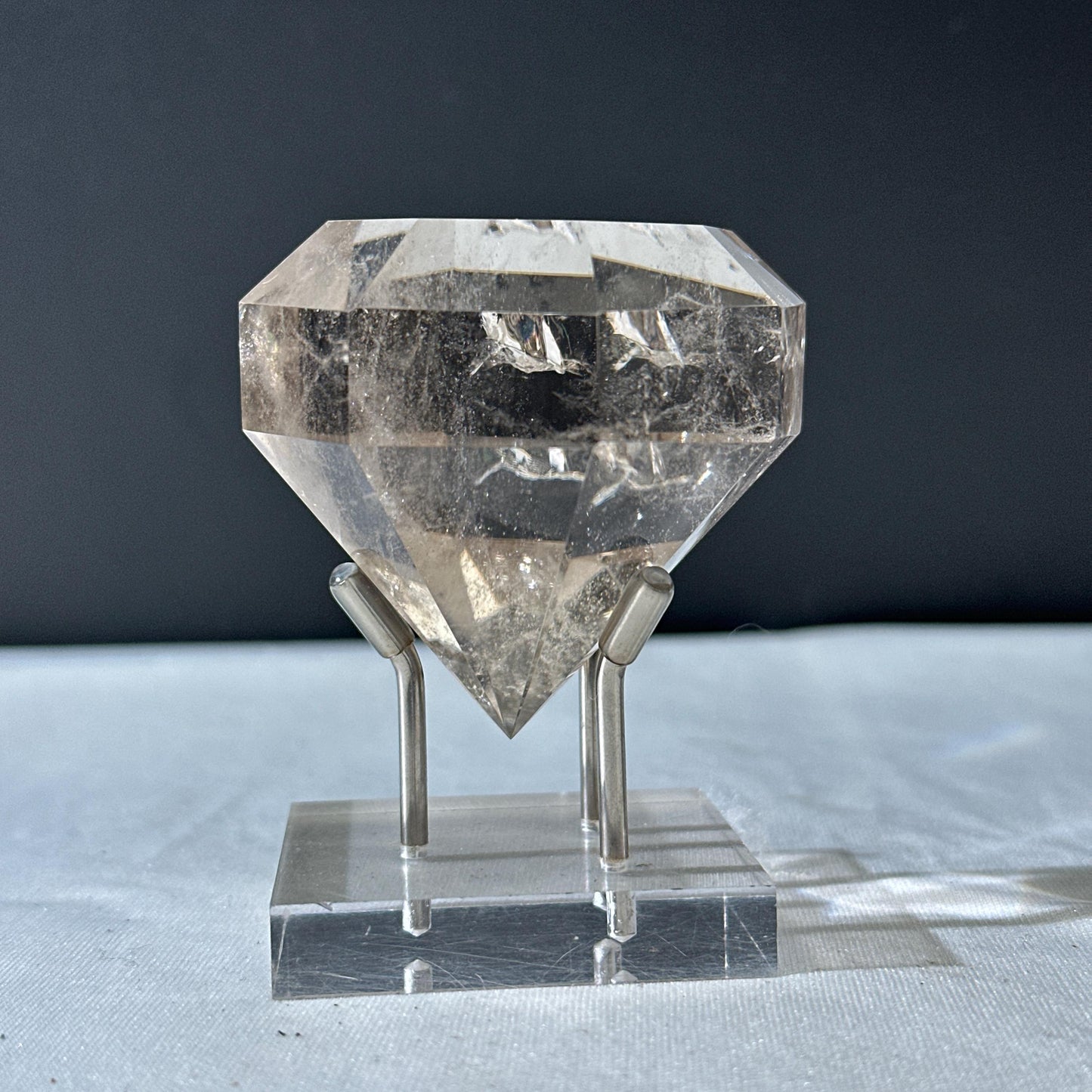 Giant Smoky Quartz Diamond Cut Crystal, Faceted Brazilian Tea Quartz Gemstone Sculpture with Free Stand, Luxury Home Decor Exact 7.6oz