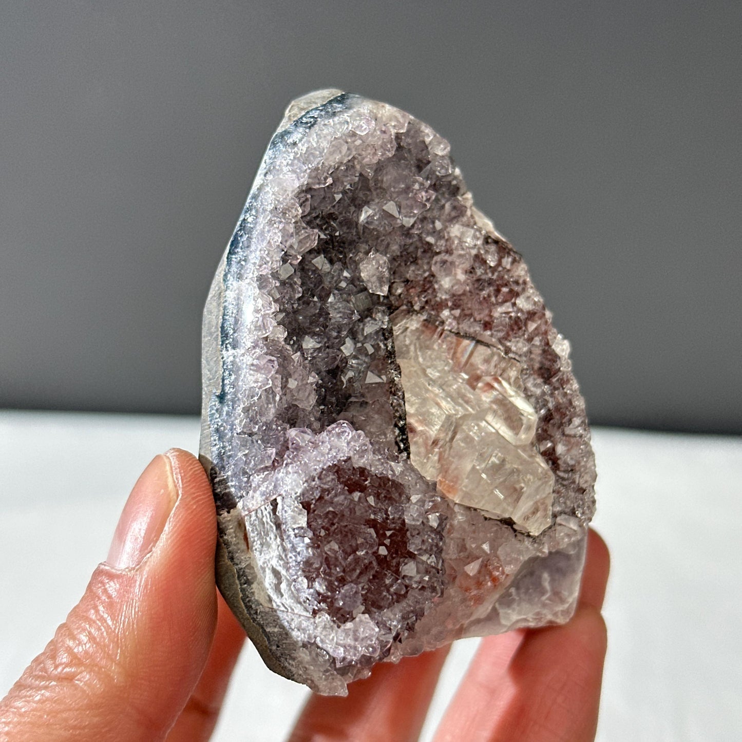 Rare Uruguayan Amethyst with Calcite Symbiosis, Red Hematite Amethyst Cluster, Polished Base Mineral Specimen, Healing Decor Exact 7.27oz