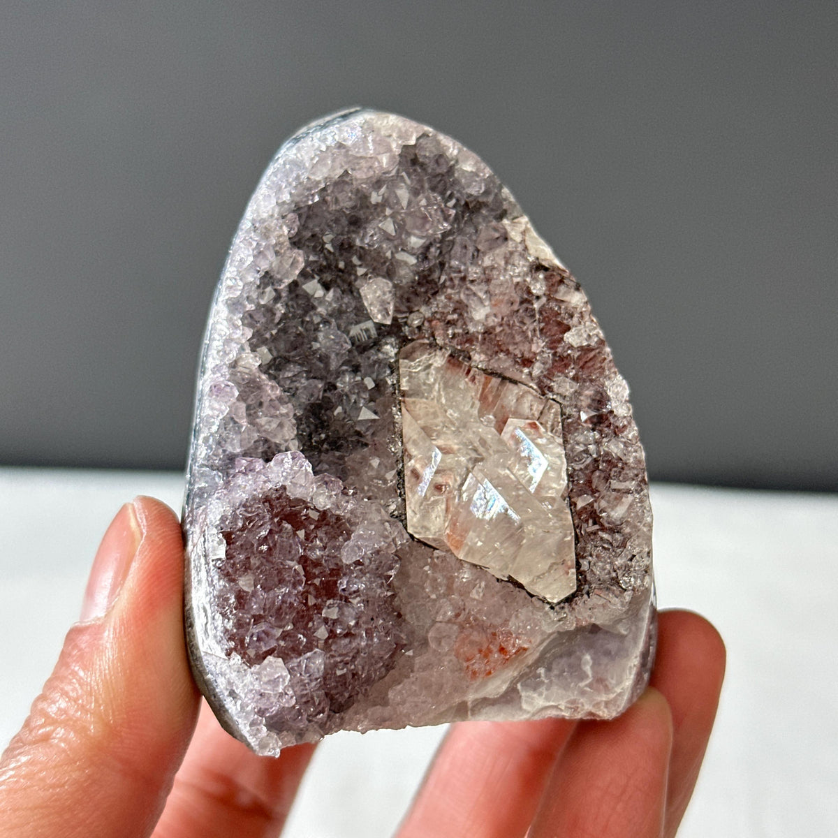 Rare Uruguayan Amethyst with Calcite Symbiosis, Red Hematite Amethyst Cluster, Polished Base Mineral Specimen, Healing Decor Exact 7.27oz - view 2