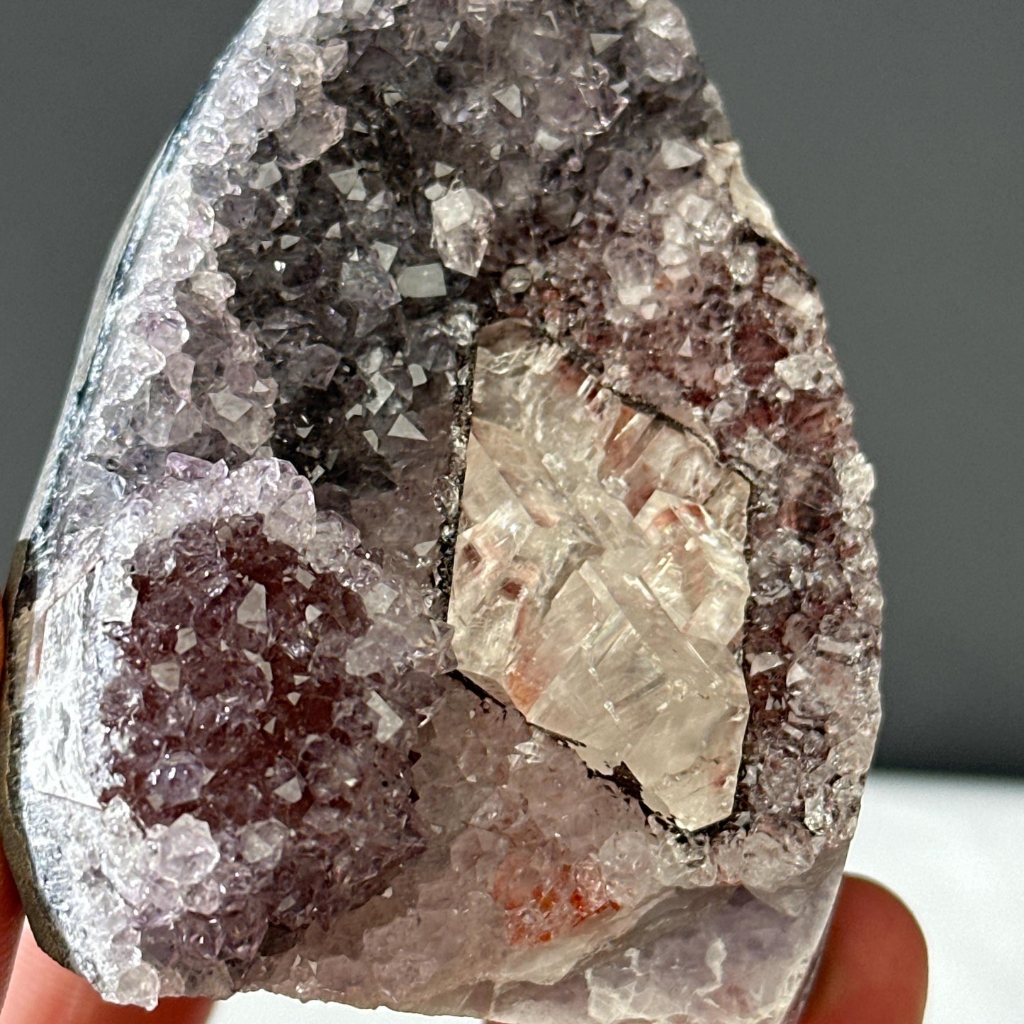 Rare Uruguayan Amethyst with Calcite Symbiosis, Red Hematite Amethyst Cluster, Polished Base Mineral Specimen, Healing Decor Exact 7.27oz
