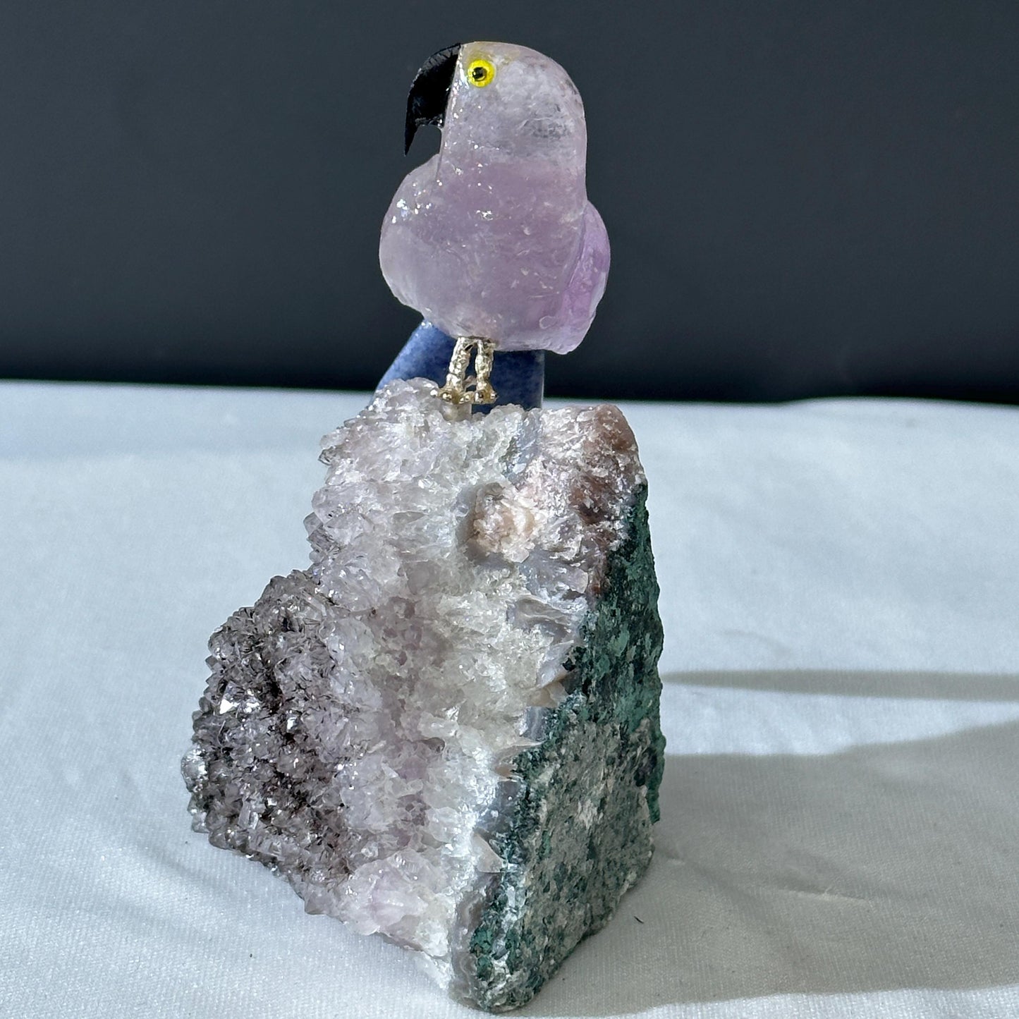 Hand-Carved Amethyst Bird on Raw Crystal Cluster, Brazilian Gemstone Parrot Sculpture, Polished Animal Totem Decor Exact Specimen 0.71lb