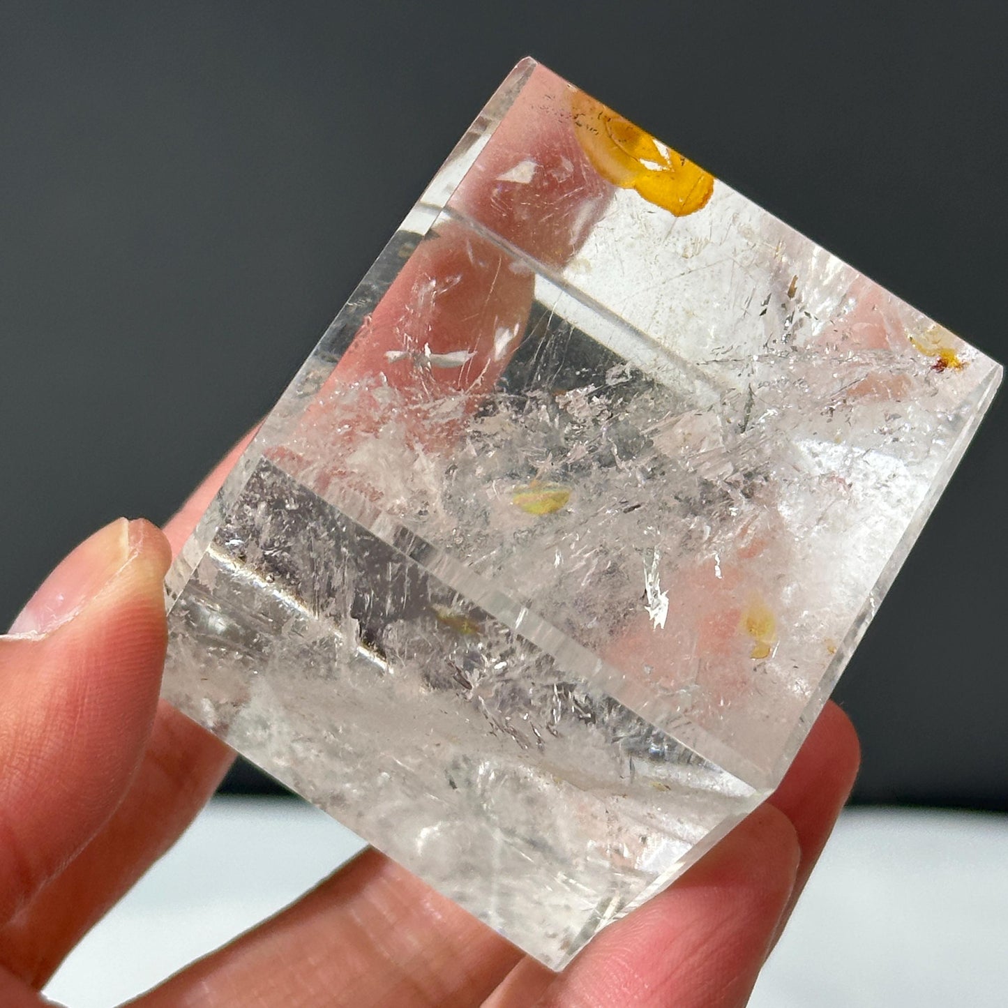 Clear Quartz Cube with Golden Healer Inclusions, Polished Brazilian Crystal Square Block, Yellow Hematite Symbiosis Decor Exact 0.60lb - view 6