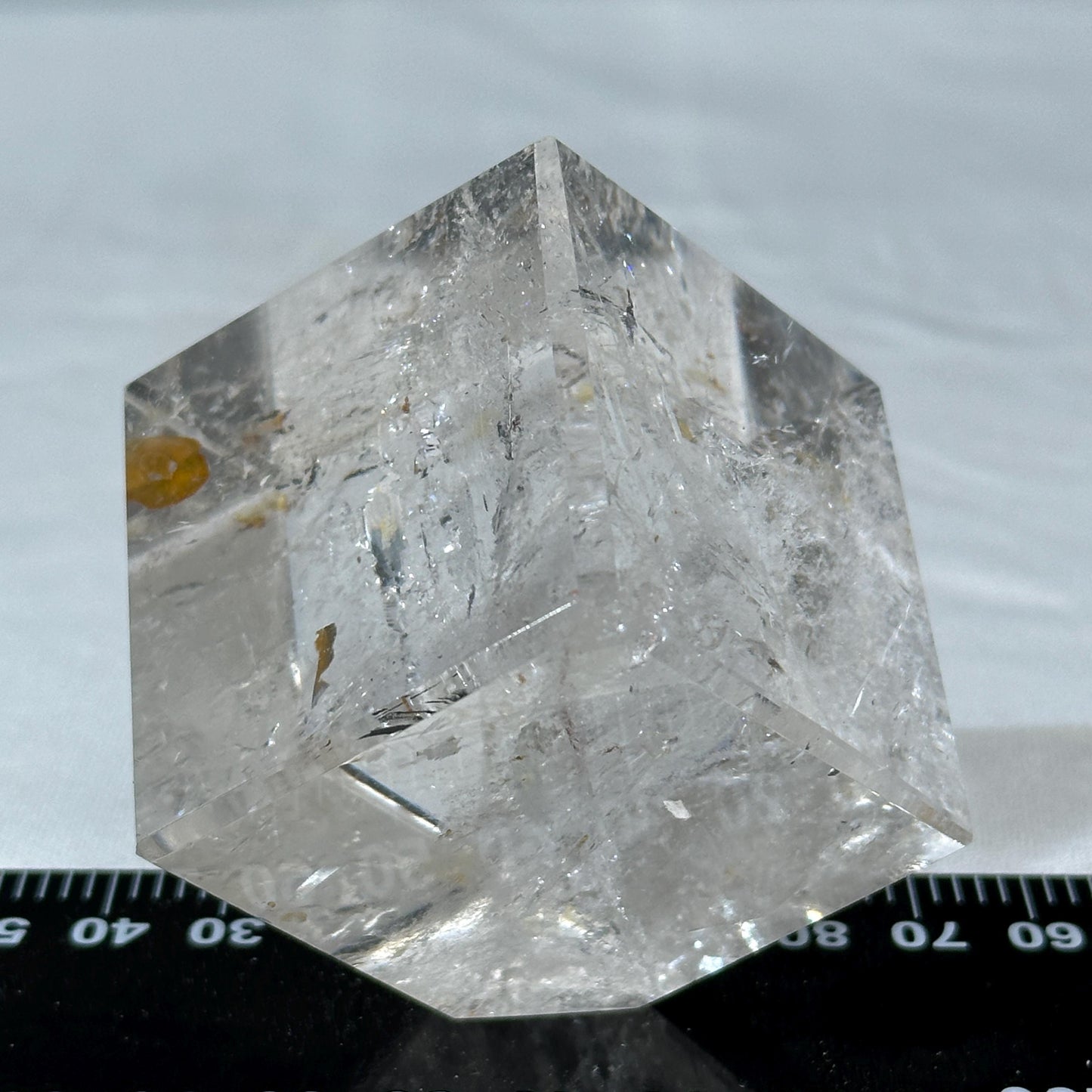 Clear Quartz Cube with Golden Healer Inclusions, Polished Brazilian Crystal Square Block, Yellow Hematite Symbiosis Decor Exact 0.60lb