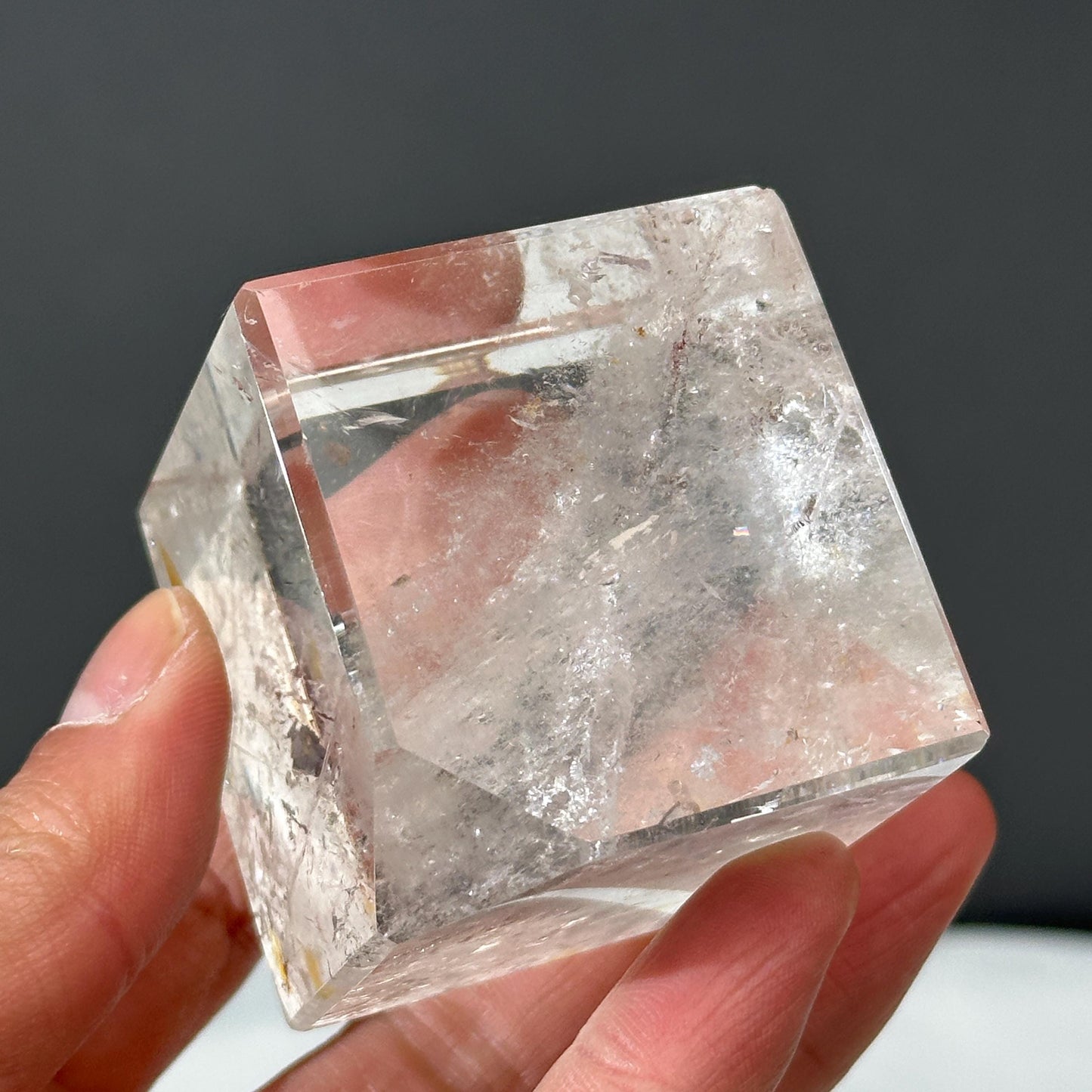 Clear Quartz Cube with Golden Healer Inclusions, Polished Brazilian Crystal Square Block, Yellow Hematite Symbiosis Decor Exact 0.60lb - view 9