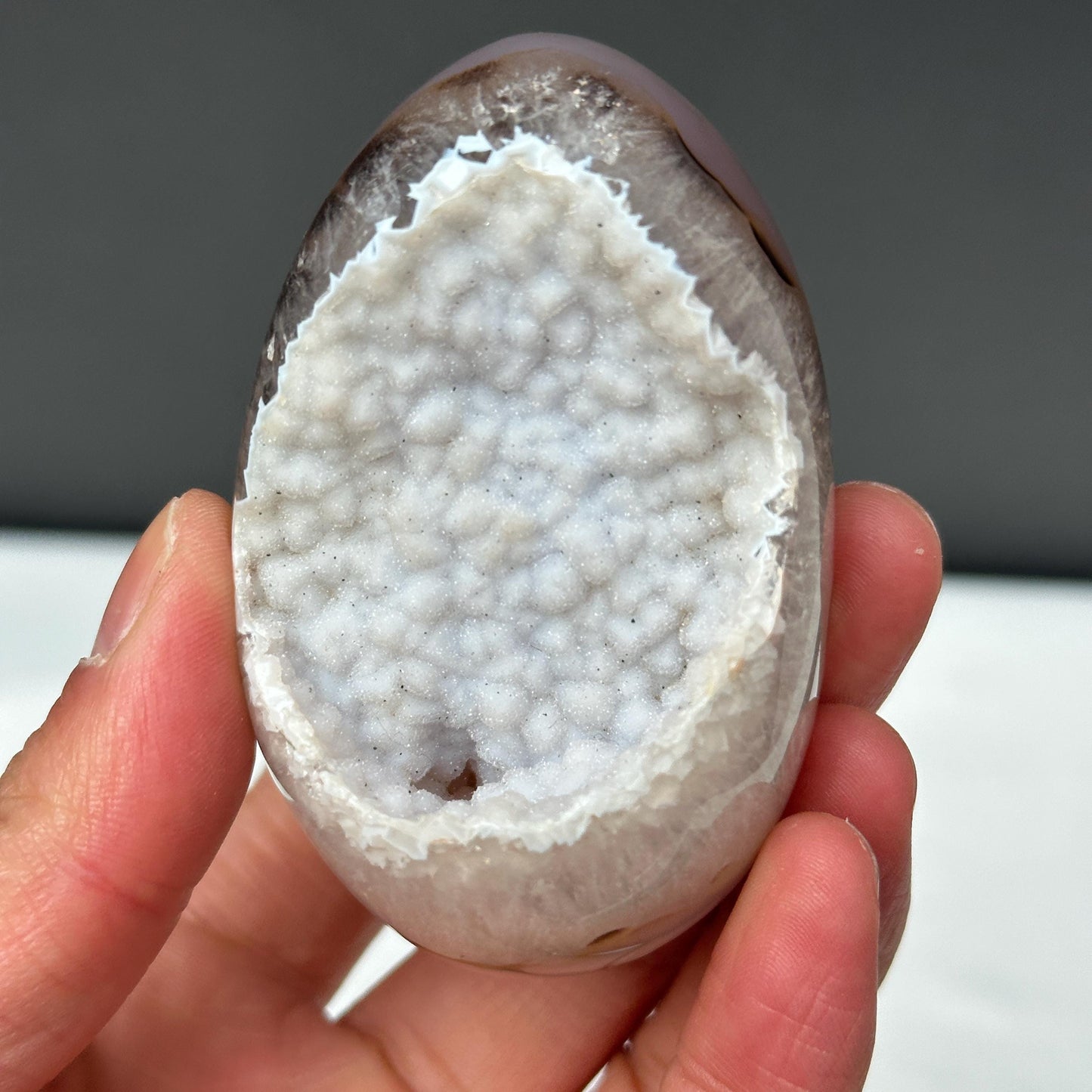 White Sugar Druzy Agate Dragon Egg with Stand, Polished Brazilian Crystal Geode, Sparkling Cave Aesthetic Decor Exact Specimen 0.47lb