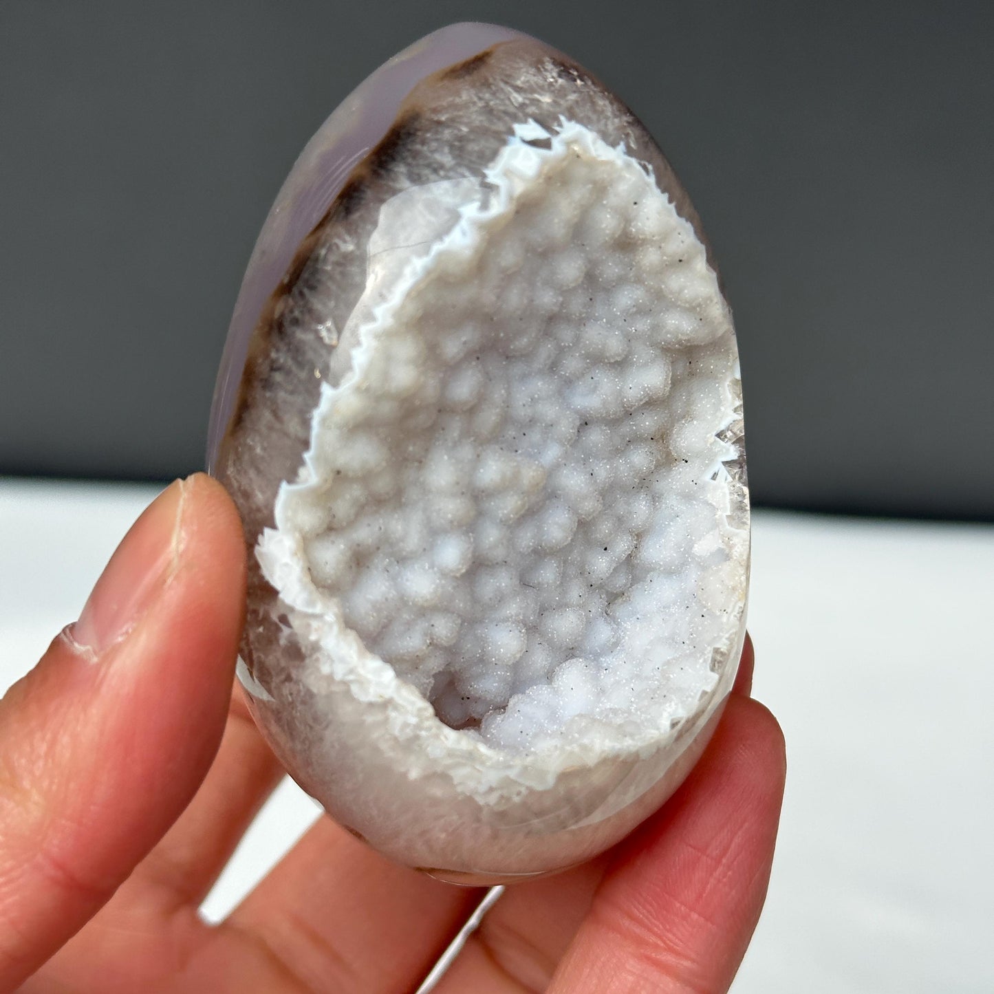 White Sugar Druzy Agate Dragon Egg with Stand, Polished Brazilian Crystal Geode, Sparkling Cave Aesthetic Decor Exact Specimen 0.47lb - view 7