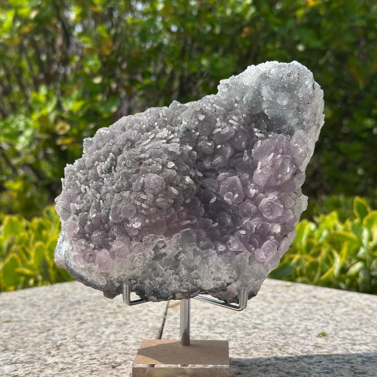 Rare Brazilian Sugar Amethyst Cluster with Calcite Symbiosis, Botryoidal Druzy Crystal on Custom Stand, Altar Decor Exact Specimen 2.87lb - view 1