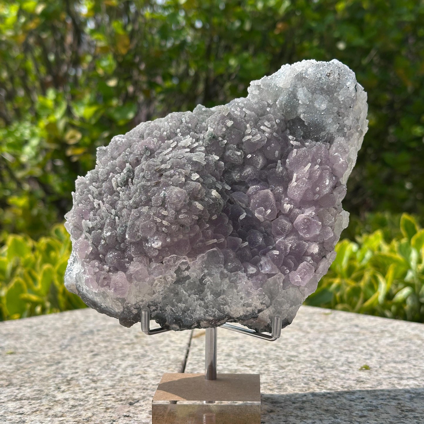 Rare Brazilian Sugar Amethyst Cluster with Calcite Symbiosis, Botryoidal Druzy Crystal on Custom Stand, Altar Decor Exact Specimen 2.87lb - view 2