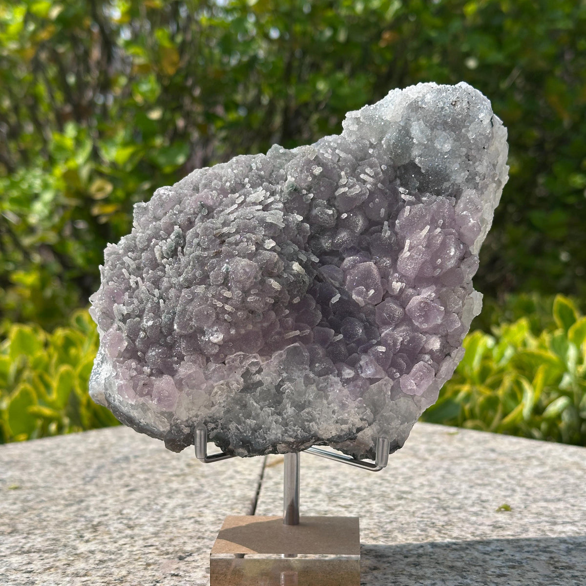 Rare Brazilian Sugar Amethyst Cluster with Calcite Symbiosis, Botryoidal Druzy Crystal on Custom Stand, Altar Decor Exact Specimen 2.87lb - view 2