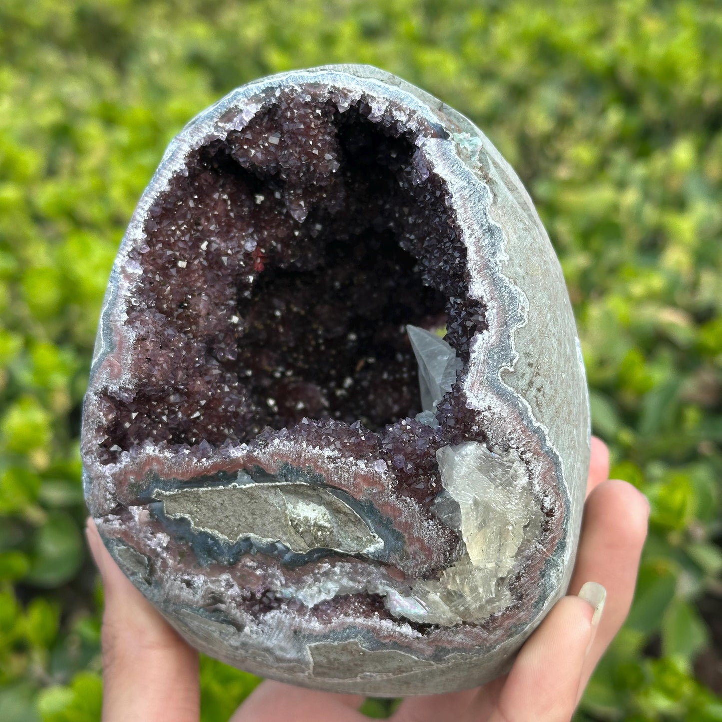 Rare Uruguayan Amethyst Geode Cave, Colorful Agate Banding with Twin Calcite Symbiosis, Dark Purple Crystal Wealth Basin Exact 2.65lb