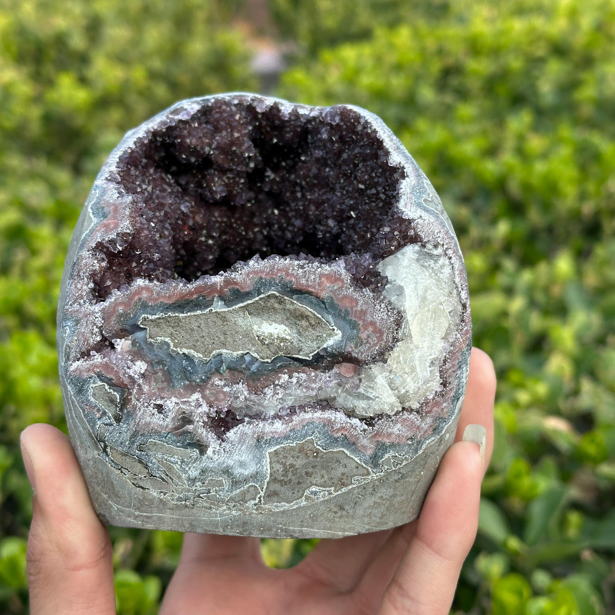 Rare Uruguayan Amethyst Geode Cave, Colorful Agate Banding with Twin Calcite Symbiosis, Dark Purple Crystal Wealth Basin Exact 2.65lb - view 7