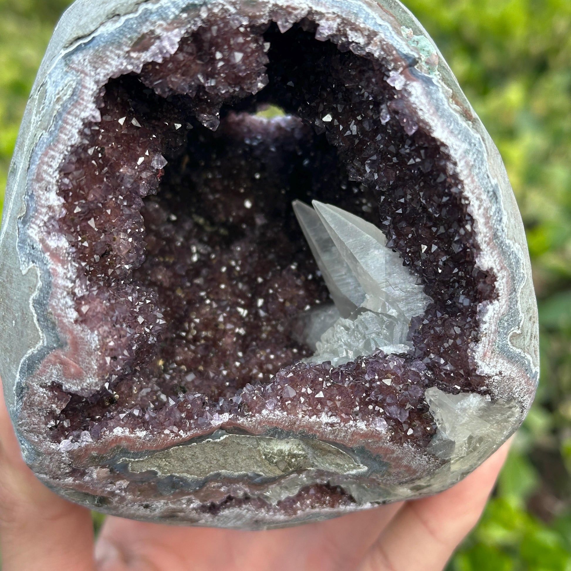 Rare Uruguayan Amethyst Geode Cave, Colorful Agate Banding with Twin Calcite Symbiosis, Dark Purple Crystal Wealth Basin Exact 2.65lb - view 6