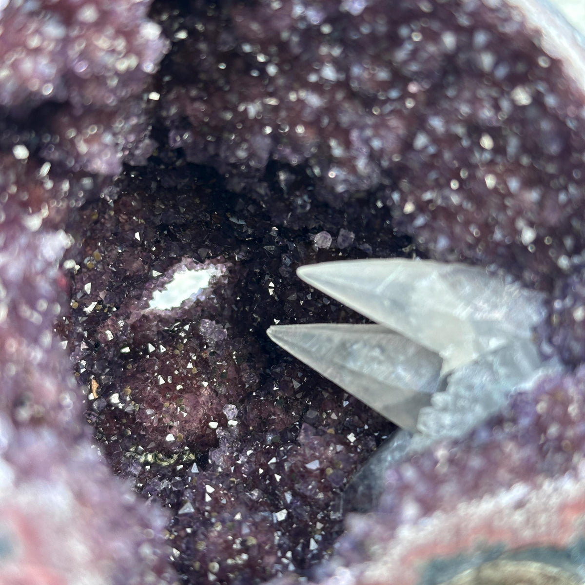 Rare Uruguayan Amethyst Geode Cave, Colorful Agate Banding with Twin Calcite Symbiosis, Dark Purple Crystal Wealth Basin Exact 2.65lb - view 9