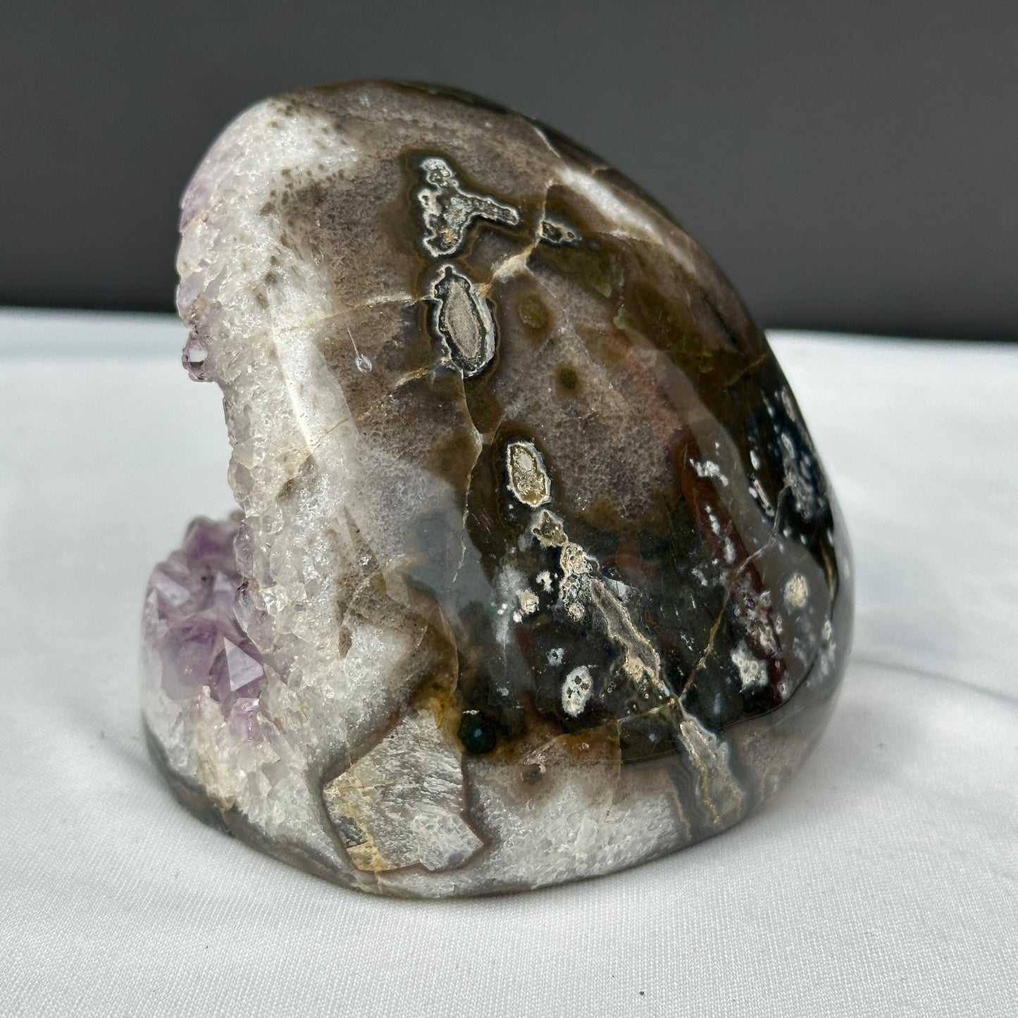 Brazilian Amethyst with Black Tourmaline Symbiosis, Shark Mouth Shape Geode Cluster, Polished Matrix Crystal Specimen Exact 1.62lb - view 6