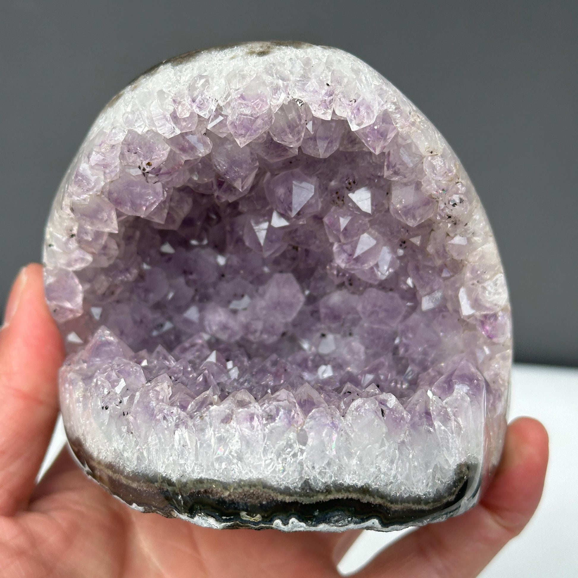 Brazilian Amethyst with Black Tourmaline Symbiosis, Shark Mouth Shape Geode Cluster, Polished Matrix Crystal Specimen Exact 1.62lb - view 8