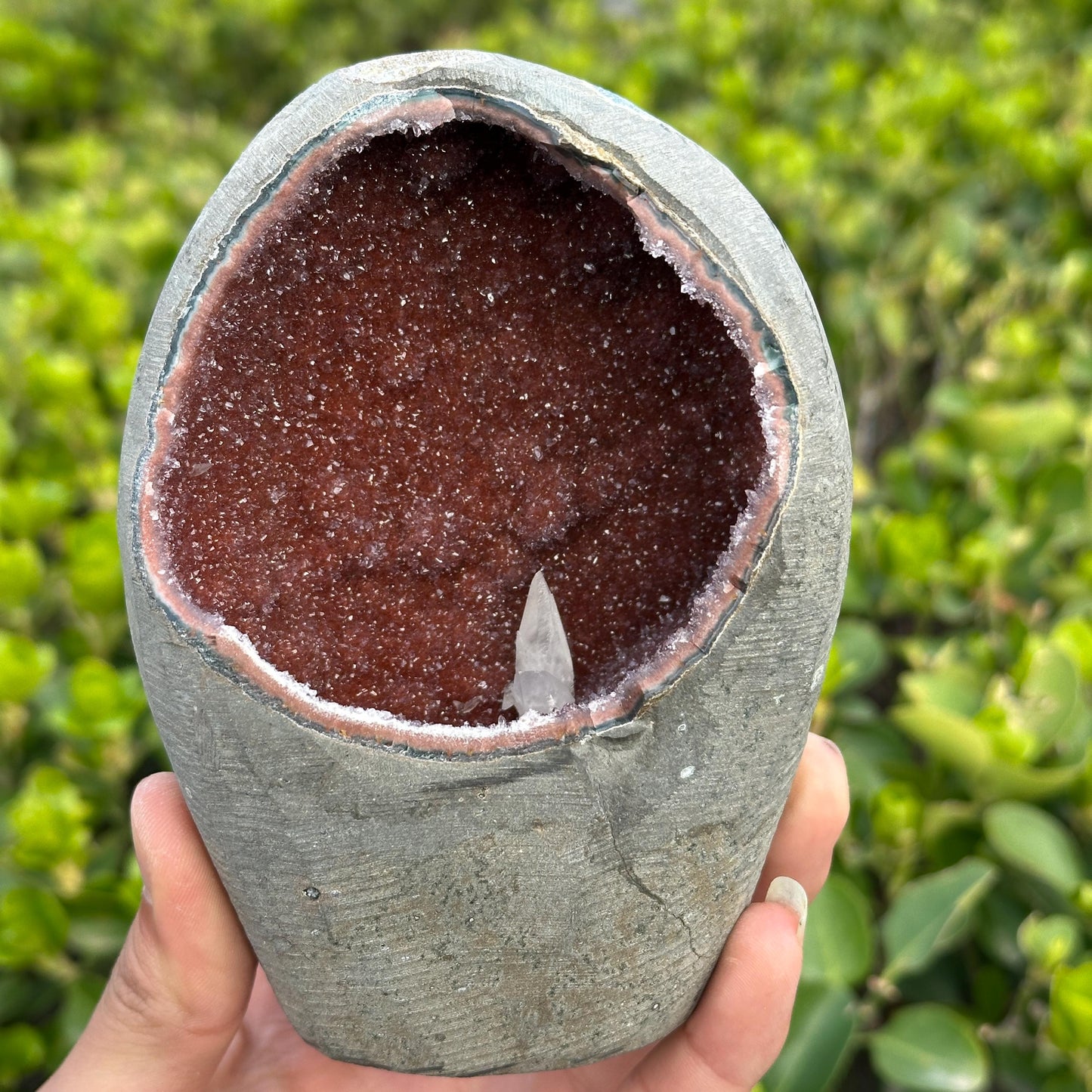 Rare Red Amethyst Geode Cave with Calcite Symbiosis, Uruguayan Sugar Druzy Crystal Nest, Polished Quartz Altar Decor Exact 2.65lb