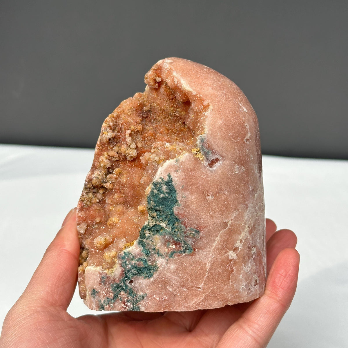 Chunky Pink Amethyst Freeform Geode, Polished Brazilian Crystal Standing Stone with Green Symbiosis, Earthy Room Decor Exact 2.04lb - view 9