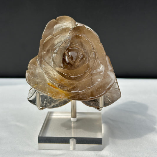 Hand-Carved Smoky Quartz Flower with Stand, Translucent Brazilian Tea Crystal Rose Sculpture, Grounding Decor Exact Specimen 0.82lb
