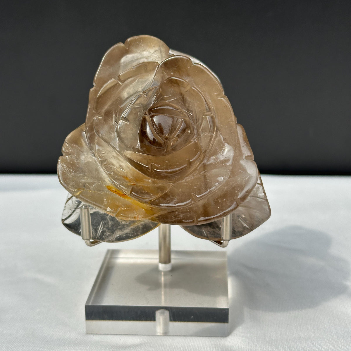 Hand-Carved Smoky Quartz Flower with Stand, Translucent Brazilian Tea Crystal Rose Sculpture, Grounding Decor Exact Specimen 0.82lb - view 1