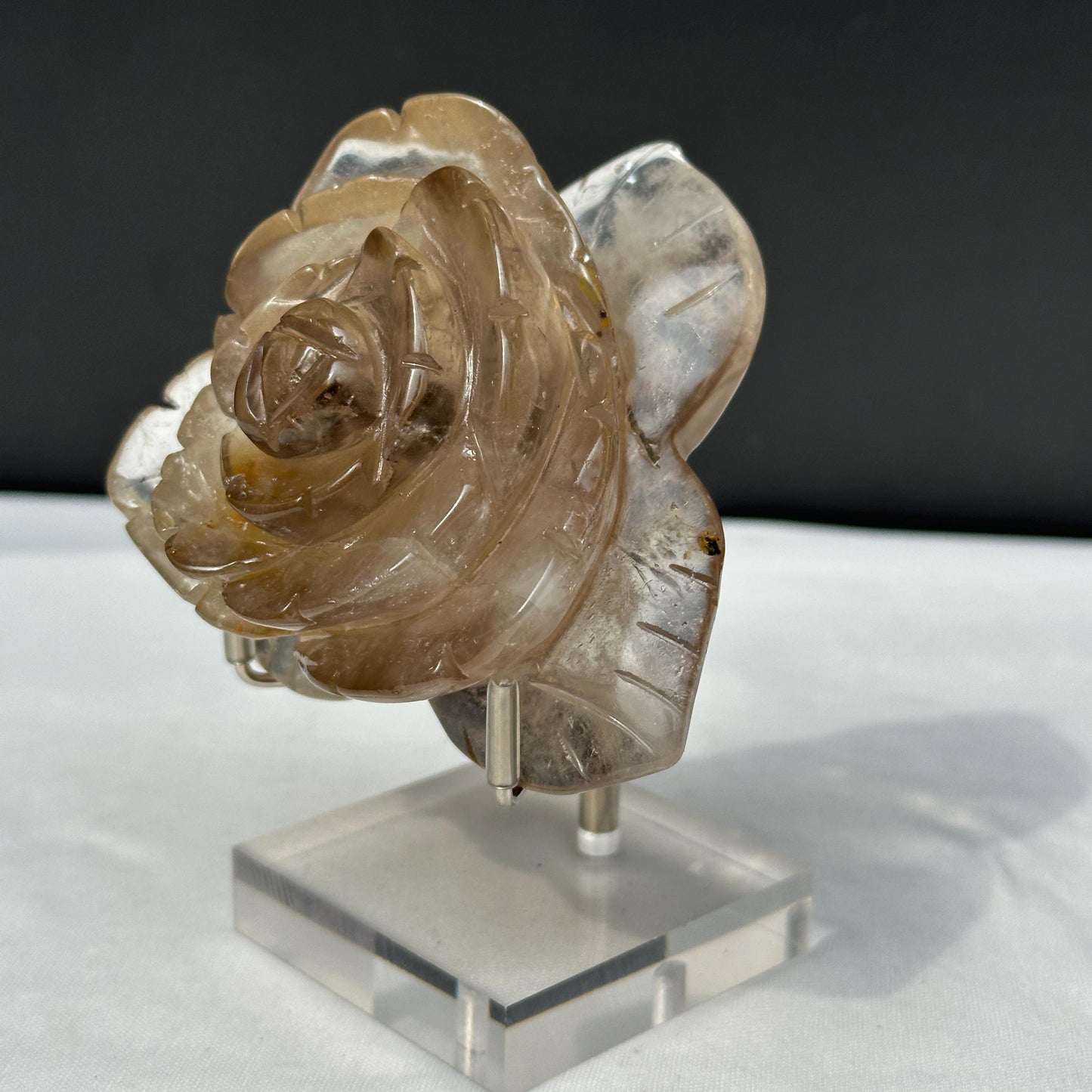 Hand-Carved Smoky Quartz Flower with Stand, Translucent Brazilian Tea Crystal Rose Sculpture, Grounding Decor Exact Specimen 0.82lb