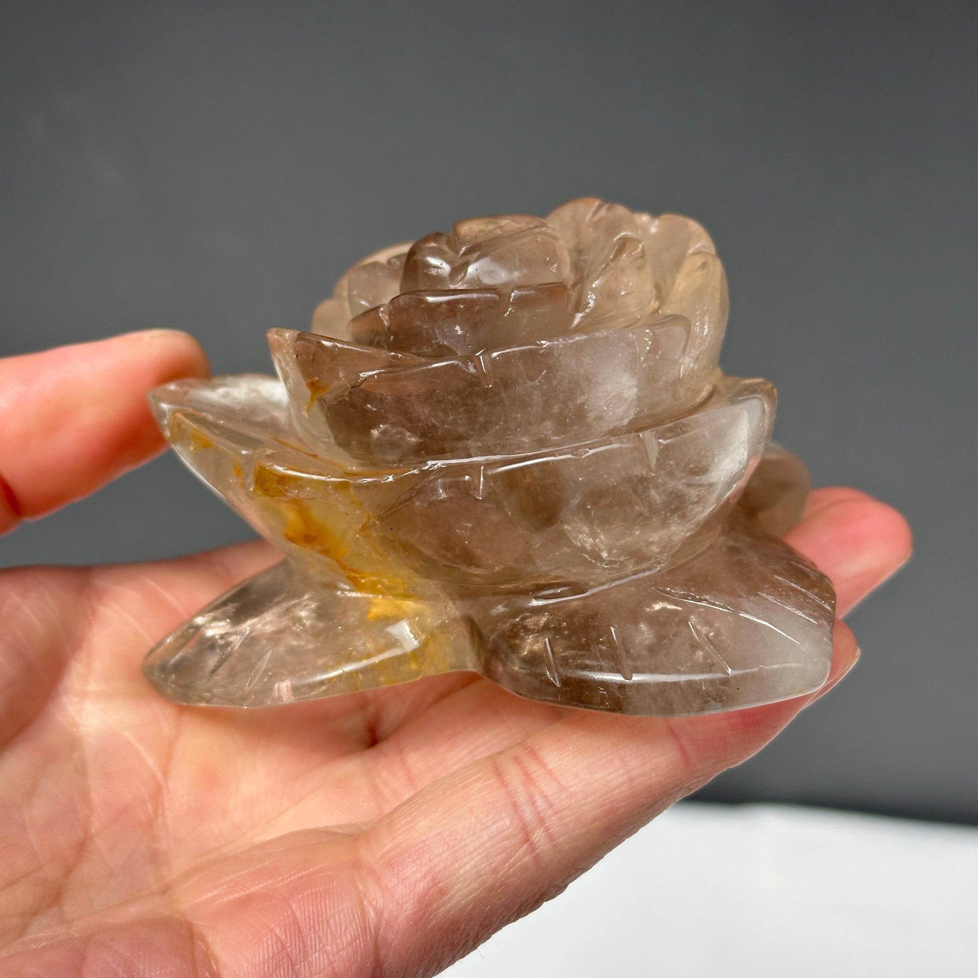 Hand-Carved Smoky Quartz Flower with Stand, Translucent Brazilian Tea Crystal Rose Sculpture, Grounding Decor Exact Specimen 0.82lb - view 6