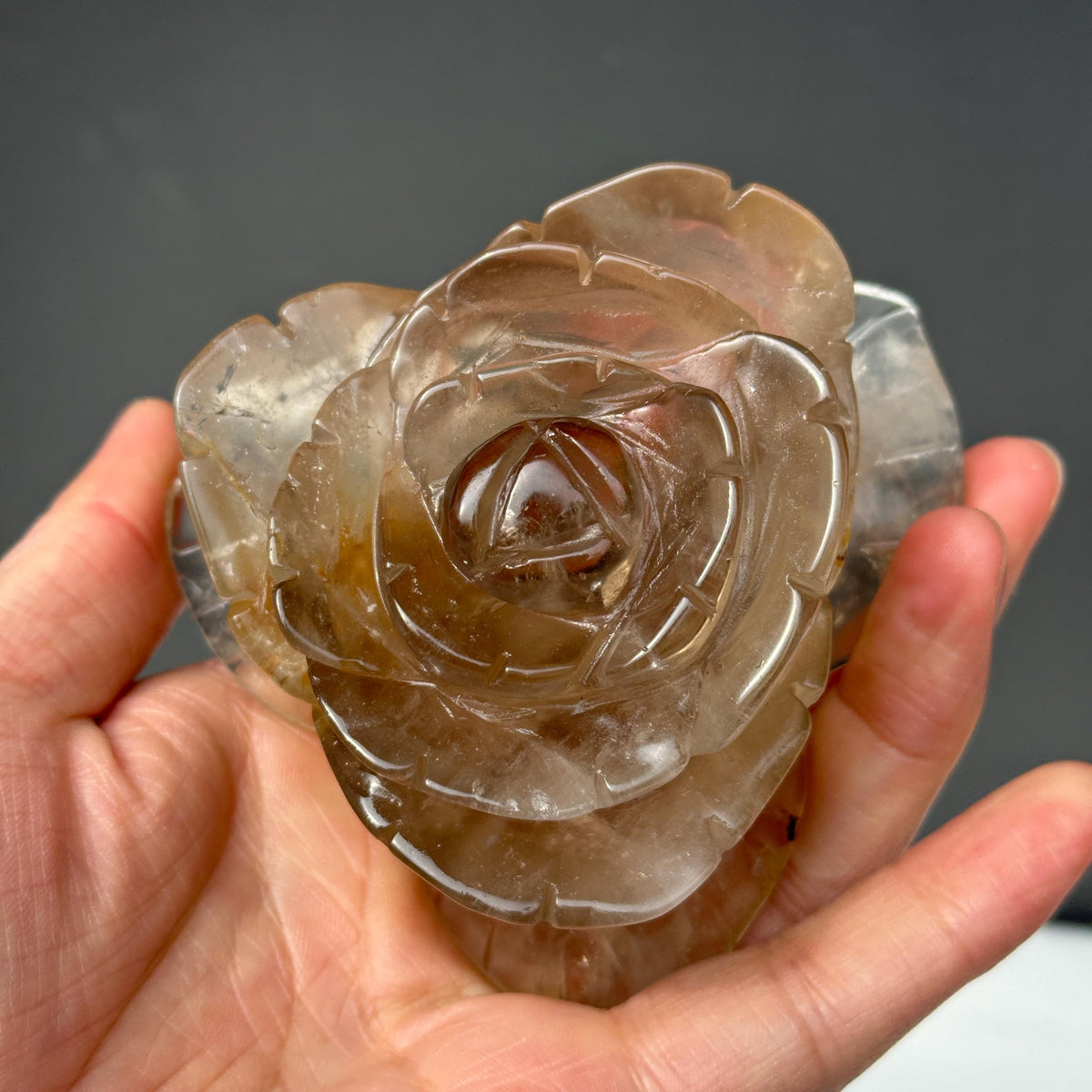Hand-Carved Smoky Quartz Flower with Stand, Translucent Brazilian Tea Crystal Rose Sculpture, Grounding Decor Exact Specimen 0.82lb - view 7