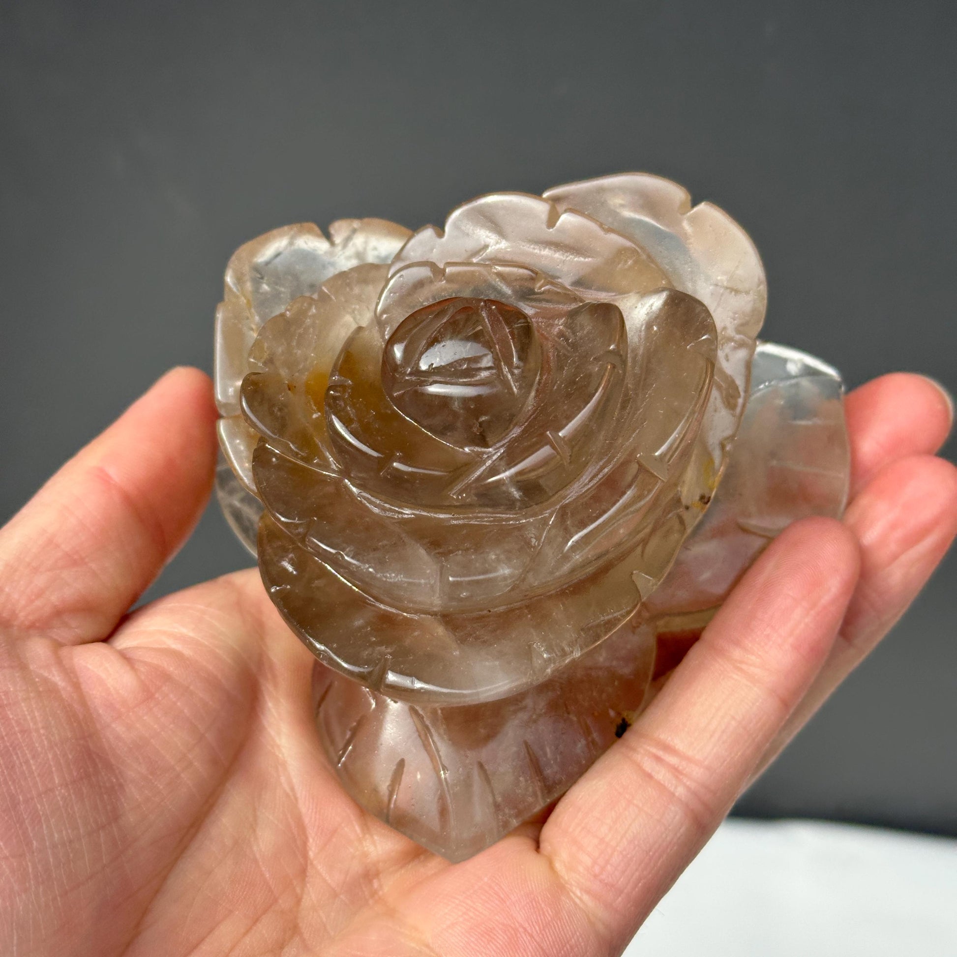 Hand-Carved Smoky Quartz Flower with Stand, Translucent Brazilian Tea Crystal Rose Sculpture, Grounding Decor Exact Specimen 0.82lb - view 9