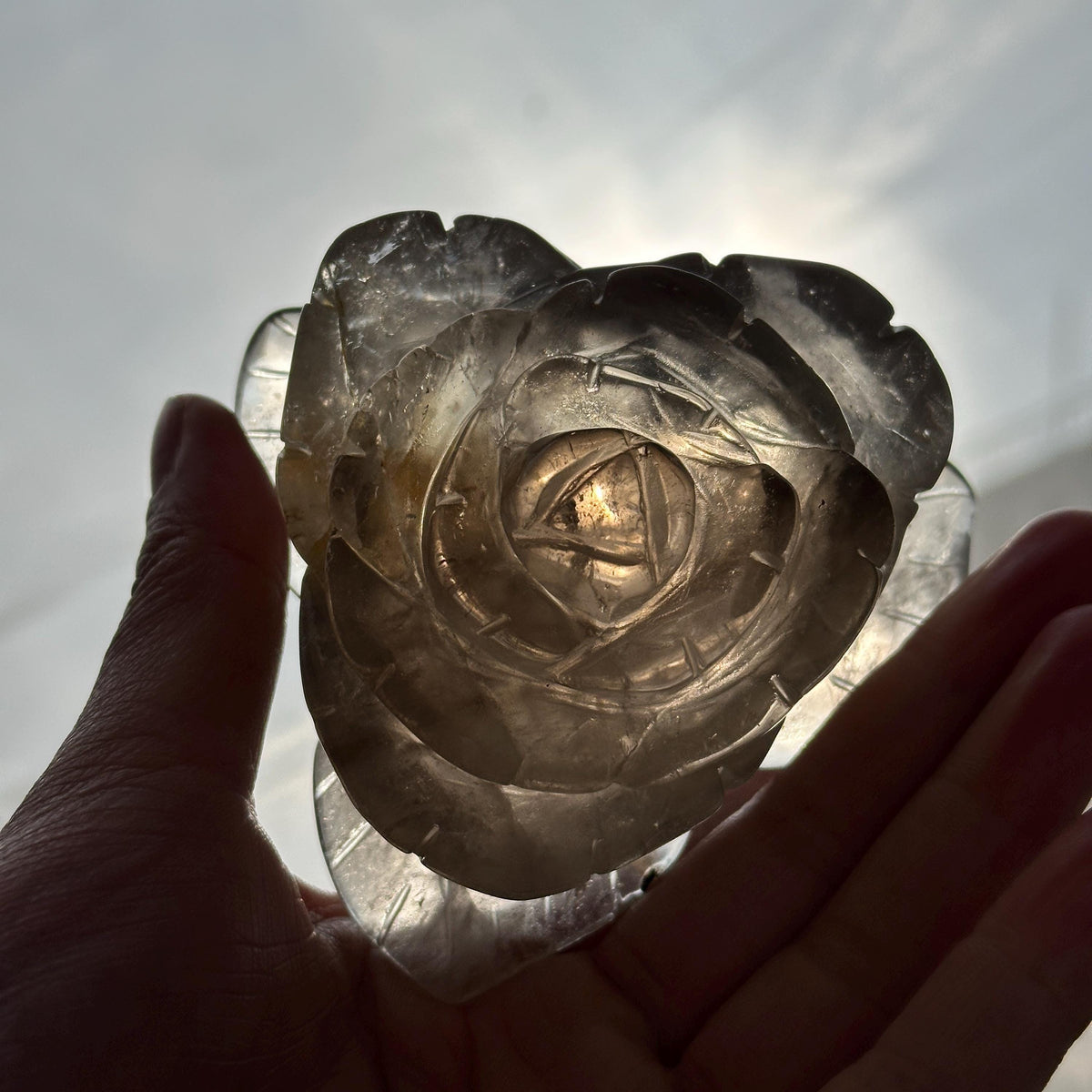 Hand-Carved Smoky Quartz Flower with Stand, Translucent Brazilian Tea Crystal Rose Sculpture, Grounding Decor Exact Specimen 0.82lb - view 10