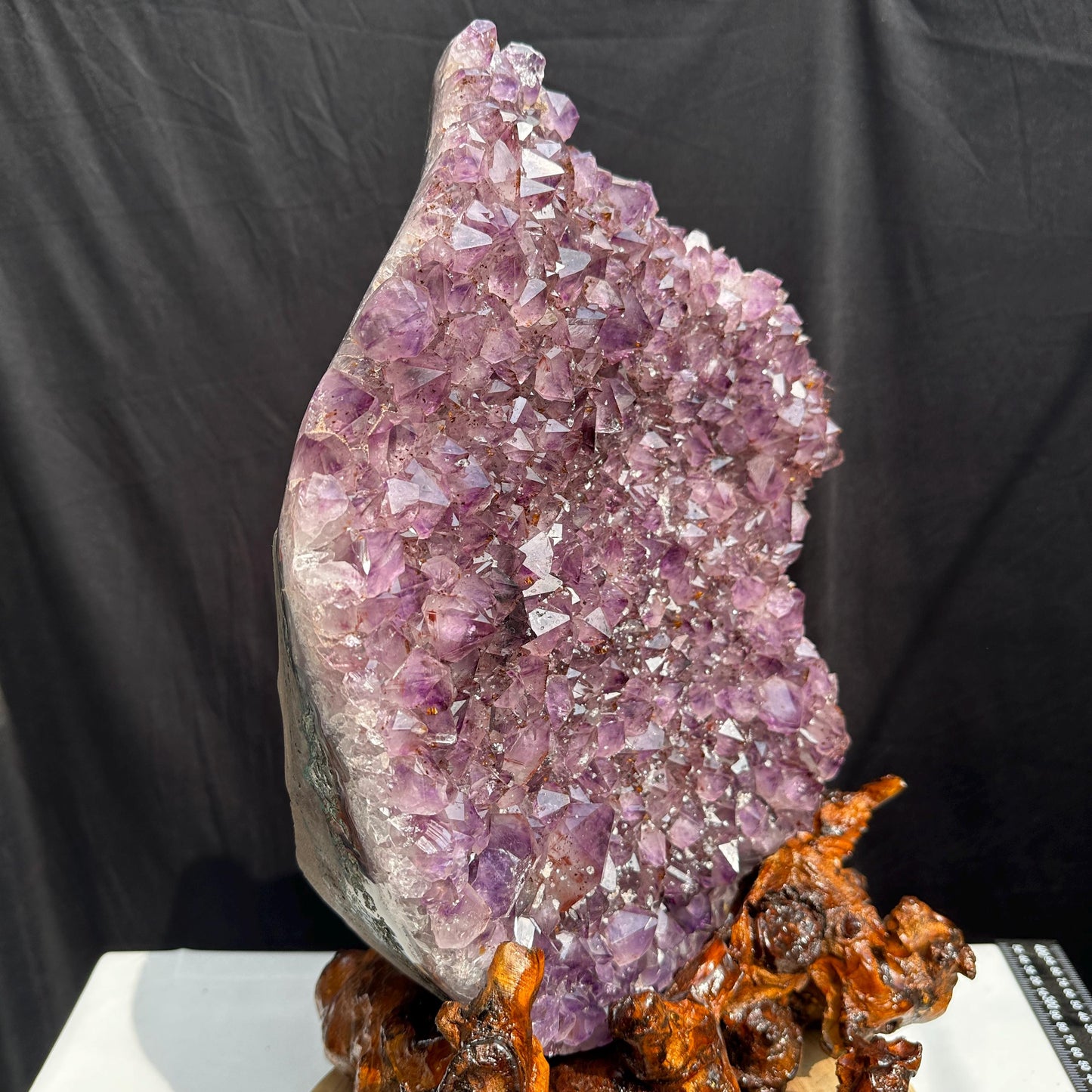 Massive 21.6lb Brazilian Amethyst Cluster, Rare Ice Cube Calcite & Red Rutile Symbiosis on Wood Stand, Giant Museum Specimen Exact