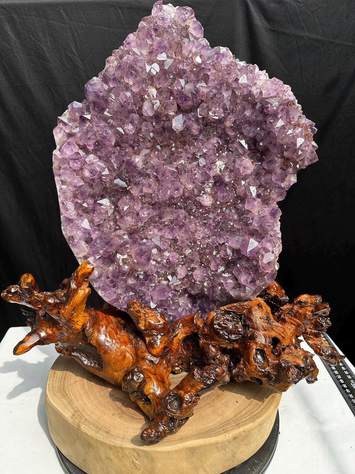 Massive 21.6lb Brazilian Amethyst Cluster, Rare Ice Cube Calcite & Red Rutile Symbiosis on Wood Stand, Giant Museum Specimen Exact