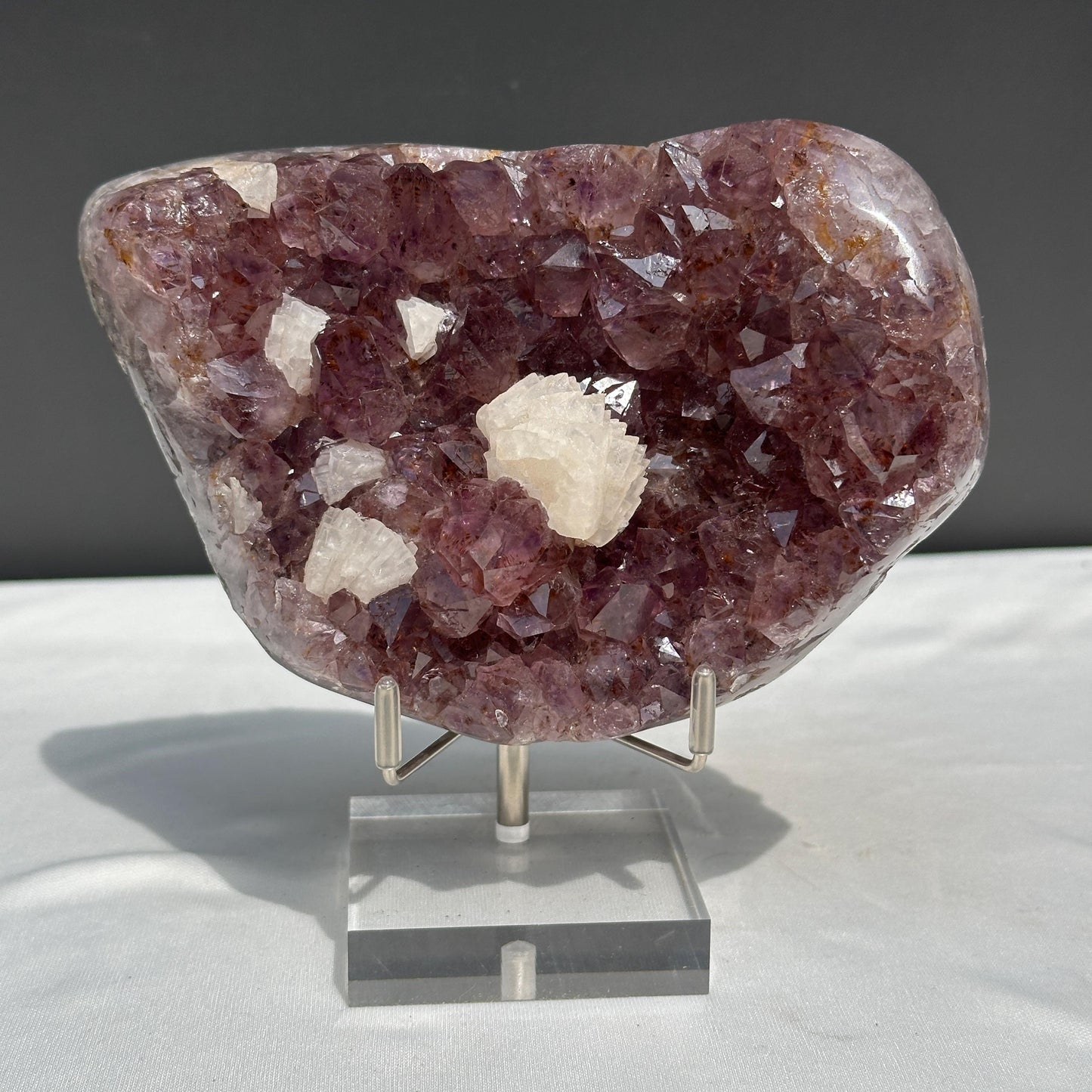 Rare Amethyst & Golden Rutile Cluster with Calcite Flower Symbiosis, Polished Crystal Specimen on Stand, Altar Decor Exact 1.85lb