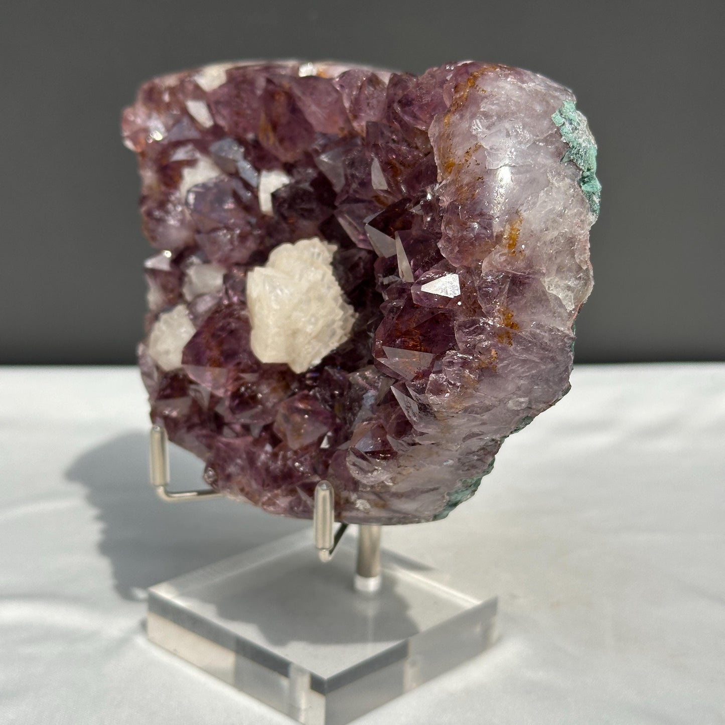 Rare Amethyst & Golden Rutile Cluster with Calcite Flower Symbiosis, Polished Crystal Specimen on Stand, Altar Decor Exact 1.85lb