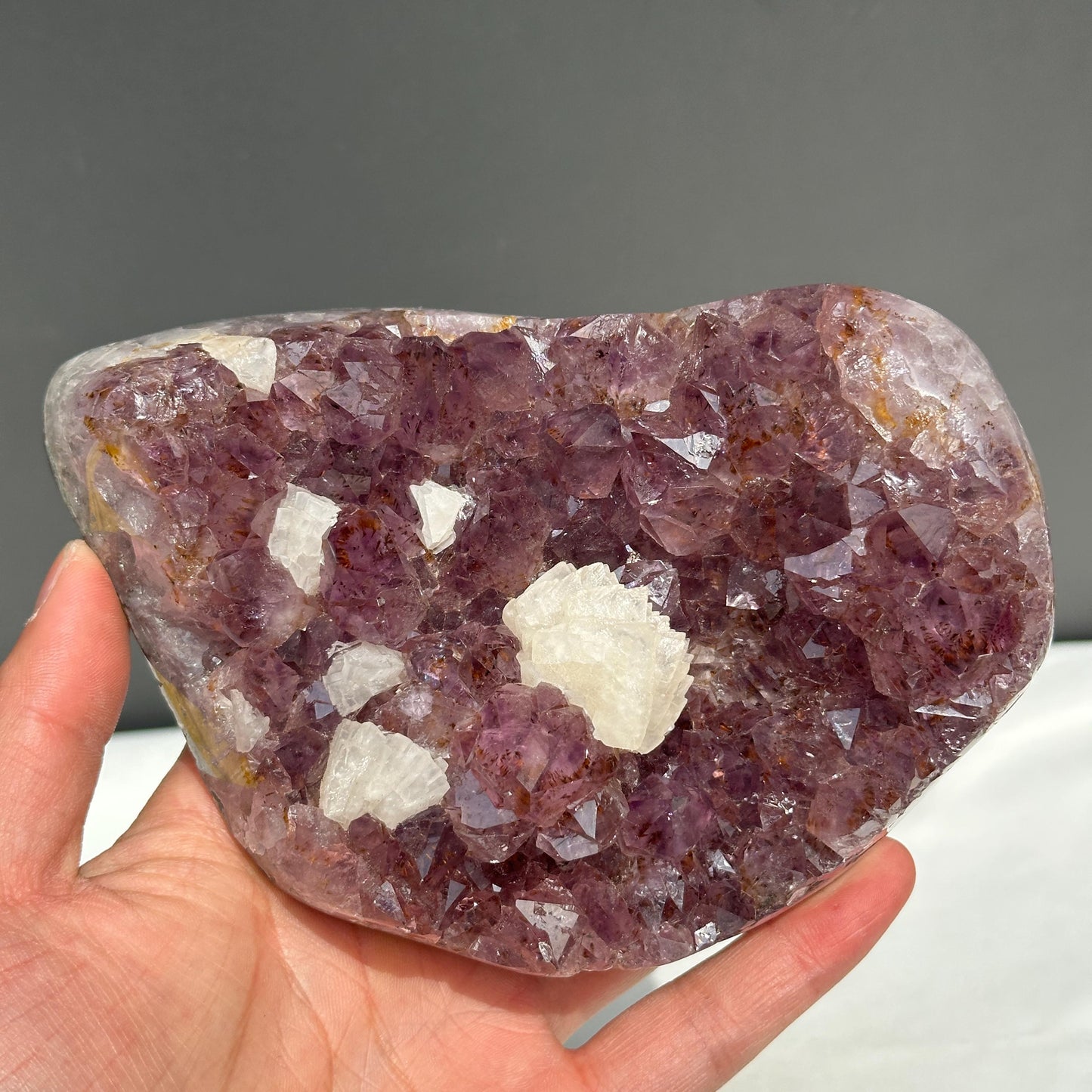 Rare Amethyst & Golden Rutile Cluster with Calcite Flower Symbiosis, Polished Crystal Specimen on Stand, Altar Decor Exact 1.85lb