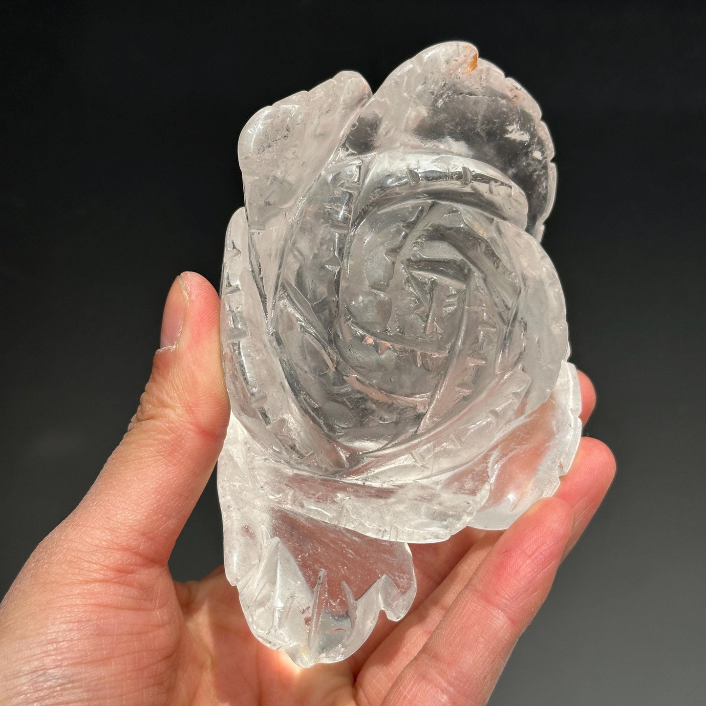 Hand-Carved Clear Quartz Lotus Flower Sculpture, Transparent Crystal Carving on Wave Base, Home Decor Masterpiece Exact Specimen 1.12lb