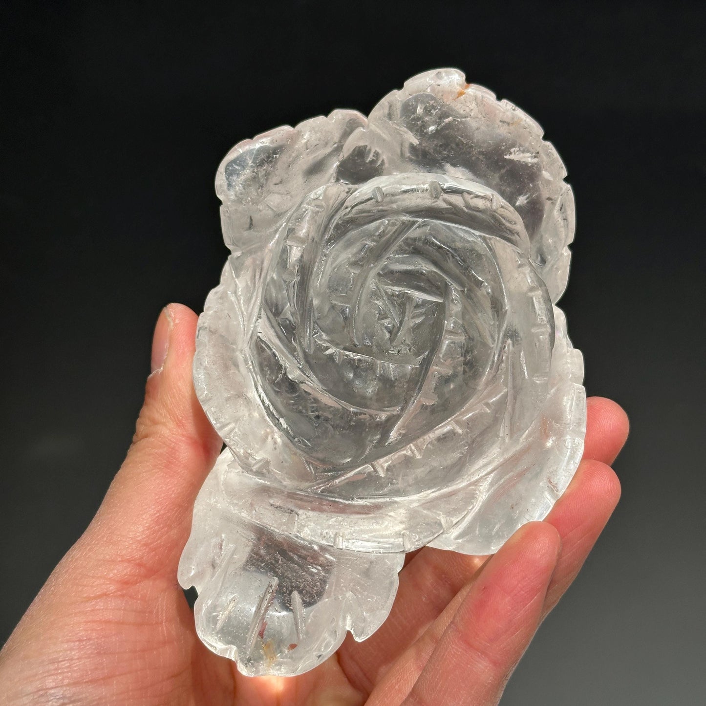 Hand-Carved Clear Quartz Lotus Flower Sculpture, Transparent Crystal Carving on Wave Base, Home Decor Masterpiece Exact Specimen 1.12lb - view 2