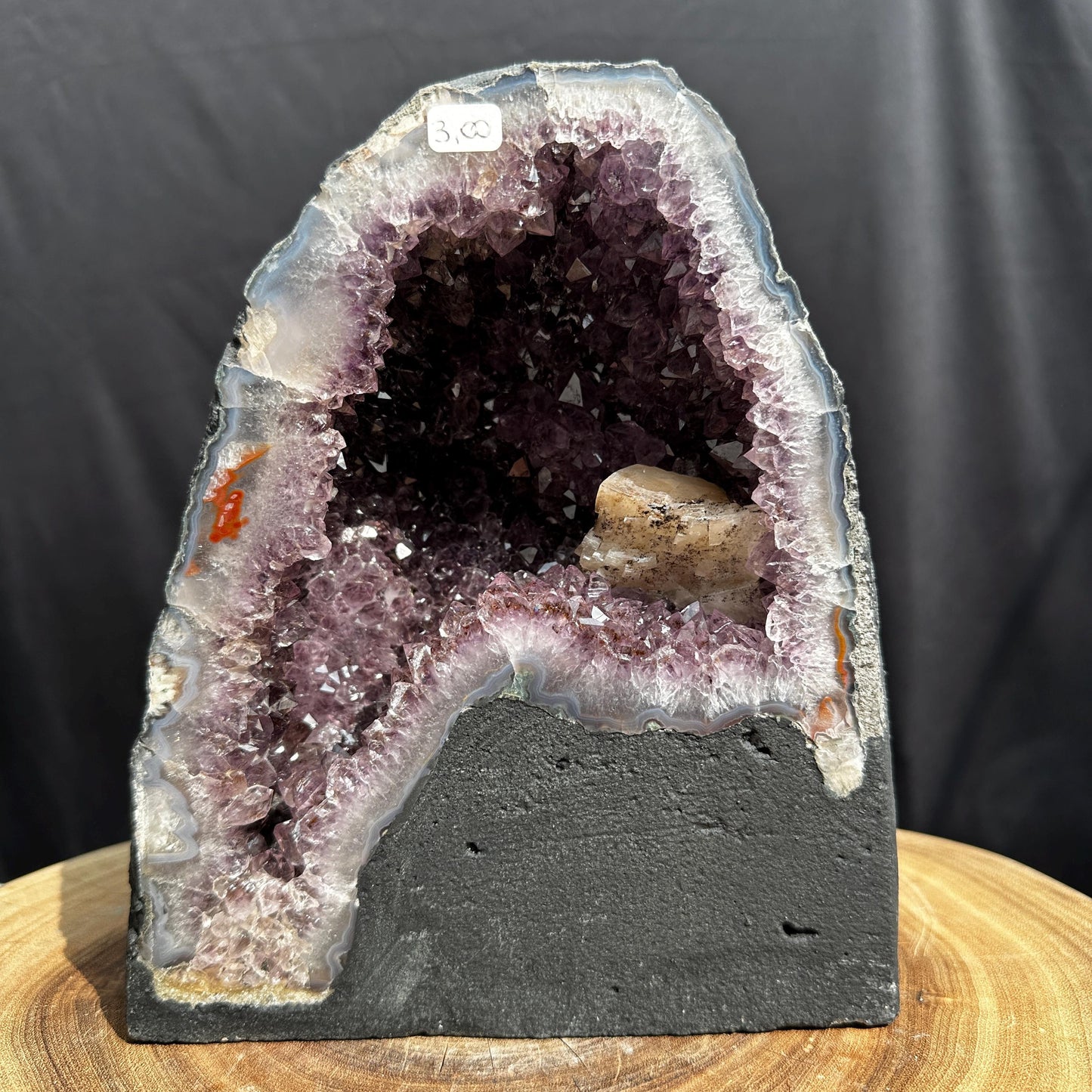 Brazilian Amethyst Cathedral, Rare Calcite & Golden Rutile Symbiosis, Rutilated Quartz Geode Cave, Wealth Decor Exact 6.61lb