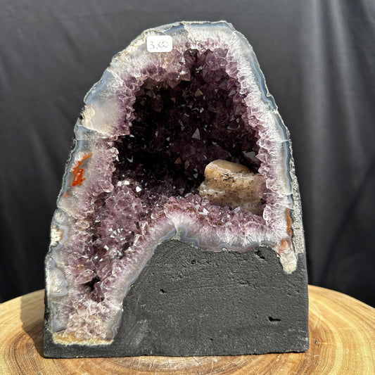 Brazilian Amethyst Cathedral, Rare Calcite & Golden Rutile Symbiosis, Rutilated Quartz Geode Cave, Wealth Decor Exact 6.61lb