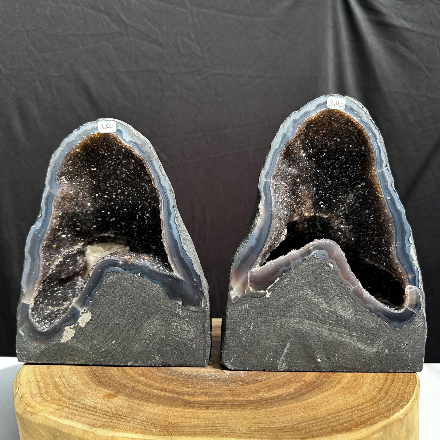 Matching Brazilian Amethyst Geode Pair, Rare Calcite & Golden Rutile Symbiosis Crystal Cave Set, Feng Shui Wealth Gates Exact Set 14.1lb