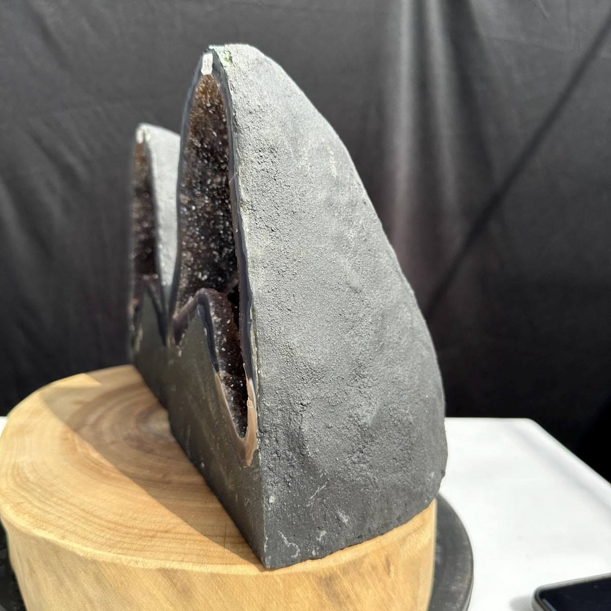 Matching Brazilian Amethyst Geode Pair, Rare Calcite & Golden Rutile Symbiosis Crystal Cave Set, Feng Shui Wealth Gates Exact Set 14.1lb - view 10