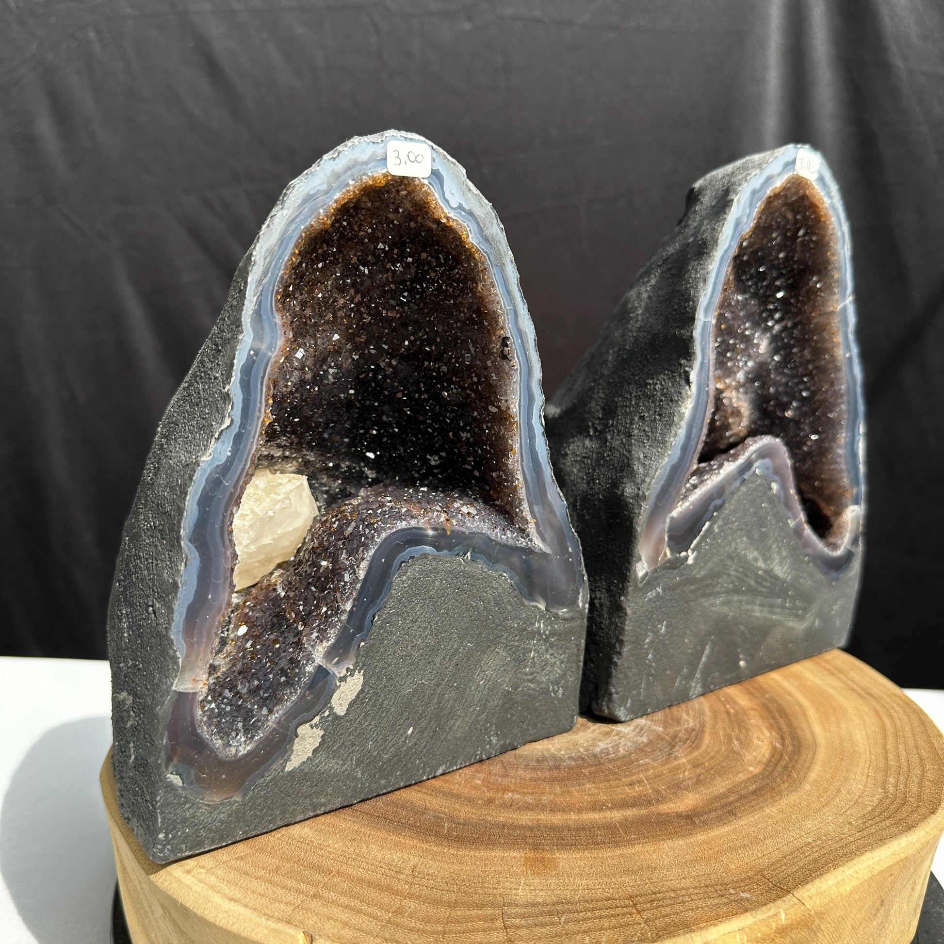 Matching Brazilian Amethyst Geode Pair, Rare Calcite & Golden Rutile Symbiosis Crystal Cave Set, Feng Shui Wealth Gates Exact Set 14.1lb - view 6