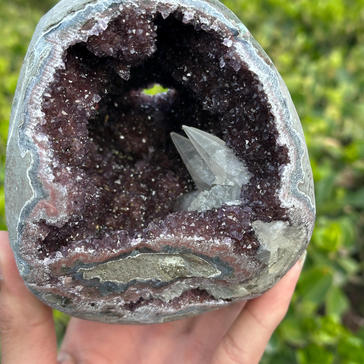 Rare Uruguayan Amethyst Geode Cave, Colorful Agate Banding with Twin Calcite Symbiosis, Dark Purple Crystal Wealth Basin Exact 2.65lb - view 5
