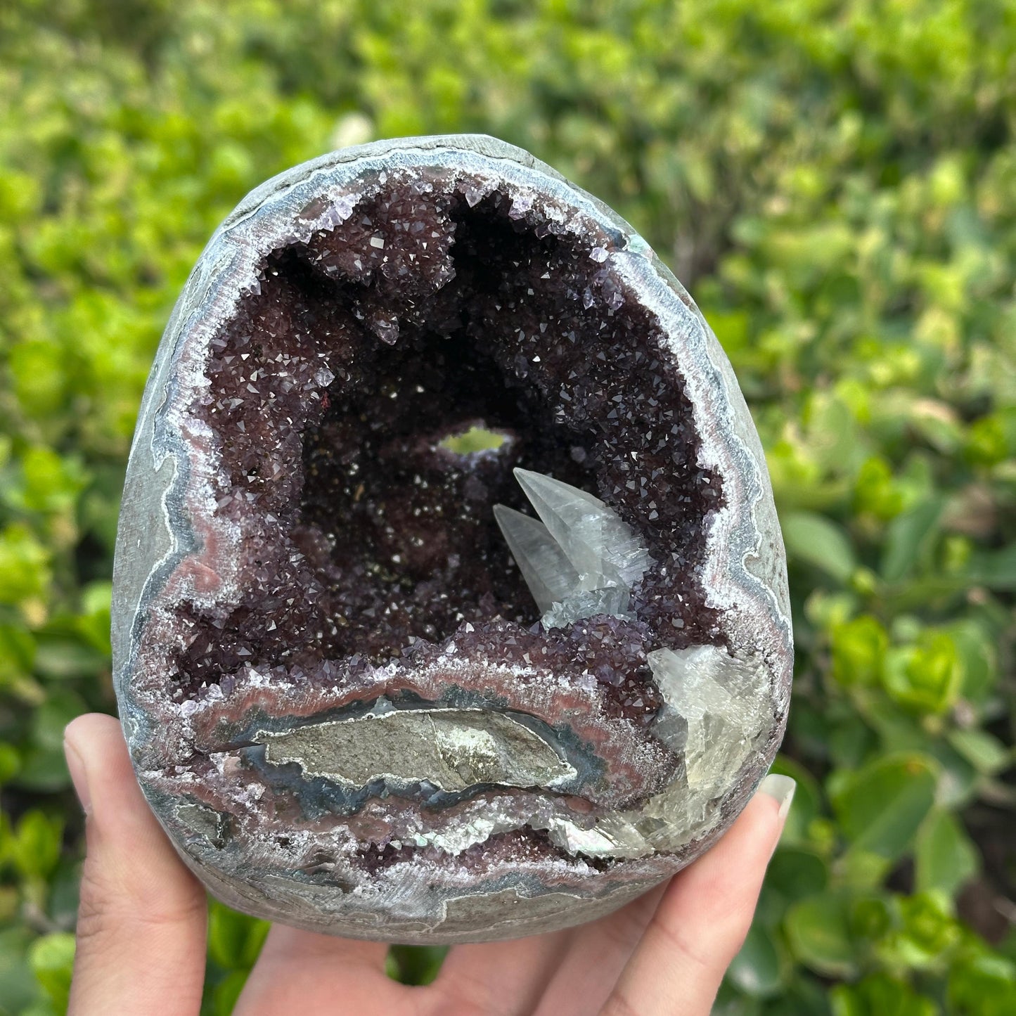Rare Uruguayan Amethyst Geode Cave, Colorful Agate Banding with Twin Calcite Symbiosis, Dark Purple Crystal Wealth Basin Exact 2.65lb