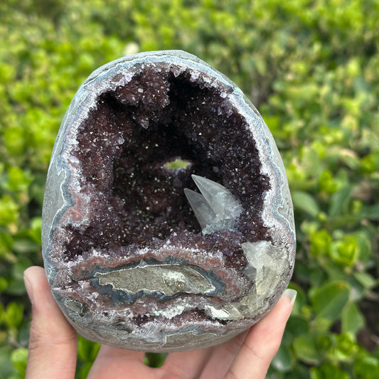 Rare Uruguayan Amethyst Geode Cave, Colorful Agate Banding with Twin Calcite Symbiosis, Dark Purple Crystal Wealth Basin Exact 2.65lb