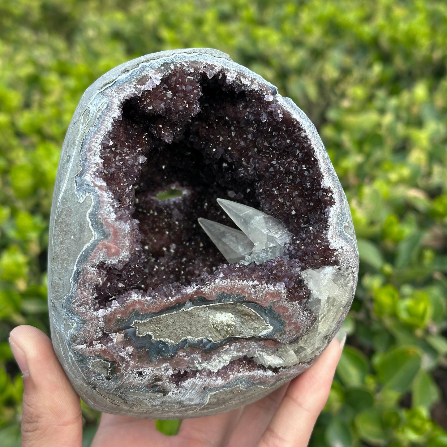 Rare Uruguayan Amethyst Geode Cave, Colorful Agate Banding with Twin Calcite Symbiosis, Dark Purple Crystal Wealth Basin Exact 2.65lb