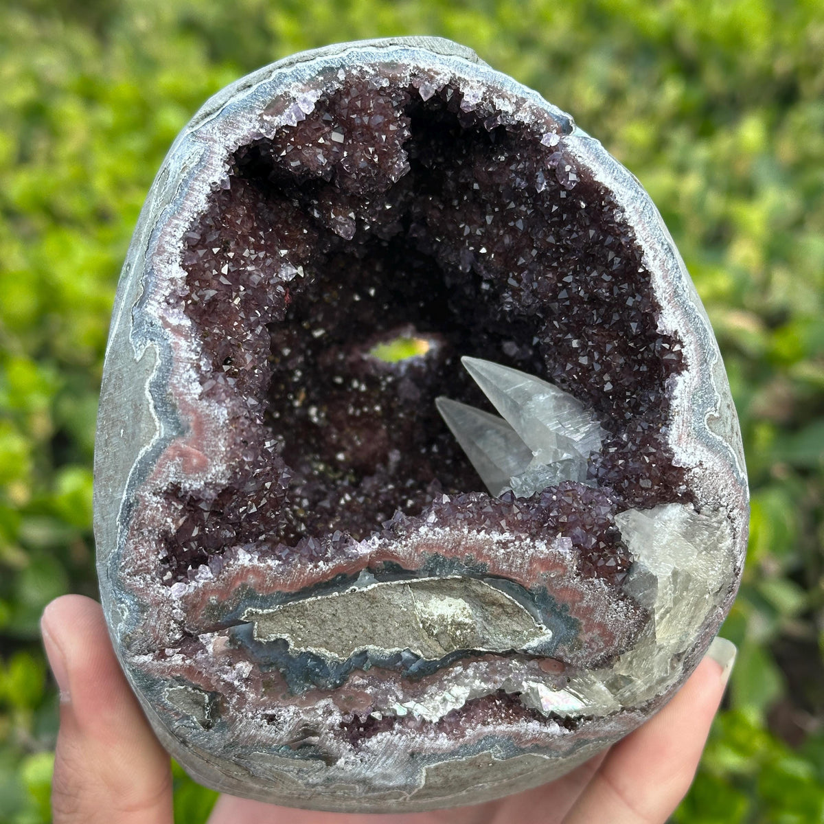 Rare Uruguayan Amethyst Geode Cave, Colorful Agate Banding with Twin Calcite Symbiosis, Dark Purple Crystal Wealth Basin Exact 2.65lb - view 4