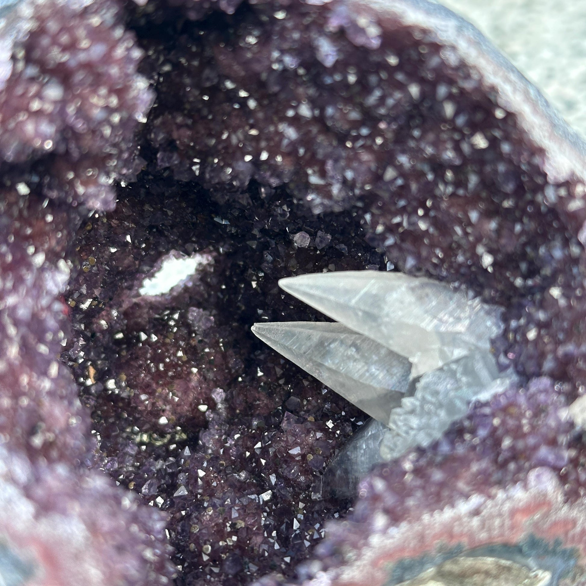 Rare Uruguayan Amethyst Geode Cave, Colorful Agate Banding with Twin Calcite Symbiosis, Dark Purple Crystal Wealth Basin Exact 2.65lb - view 8