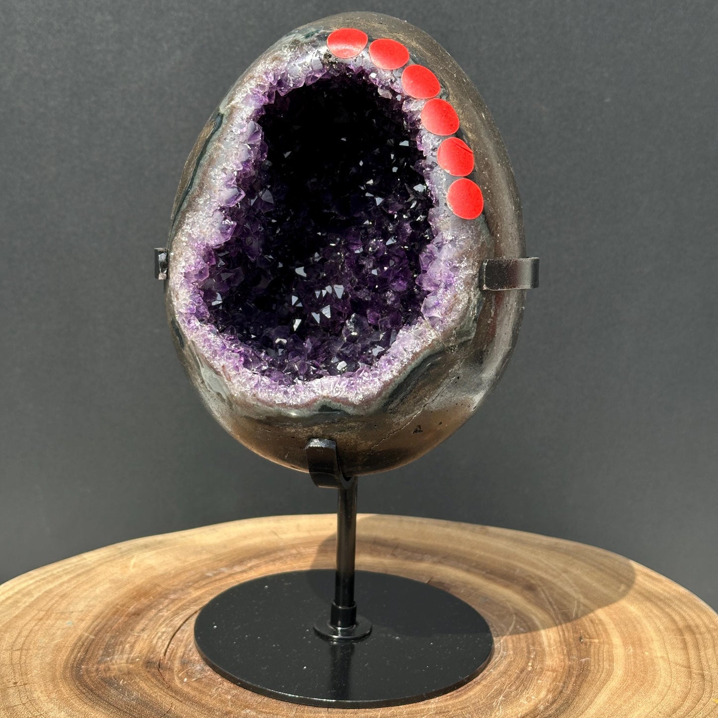 Polished Brazilian Amethyst Dragon Egg on Custom Stand, Dark Purple Geode Cave, Crystal Altar Decor Pick Exact Specimen A B C D