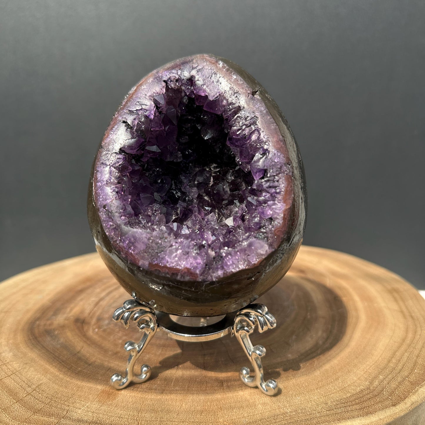 Polished Brazilian Amethyst Dragon Egg on Custom Stand, Dark Purple Geode Cave, Crystal Altar Decor Pick Exact Specimen A B C D