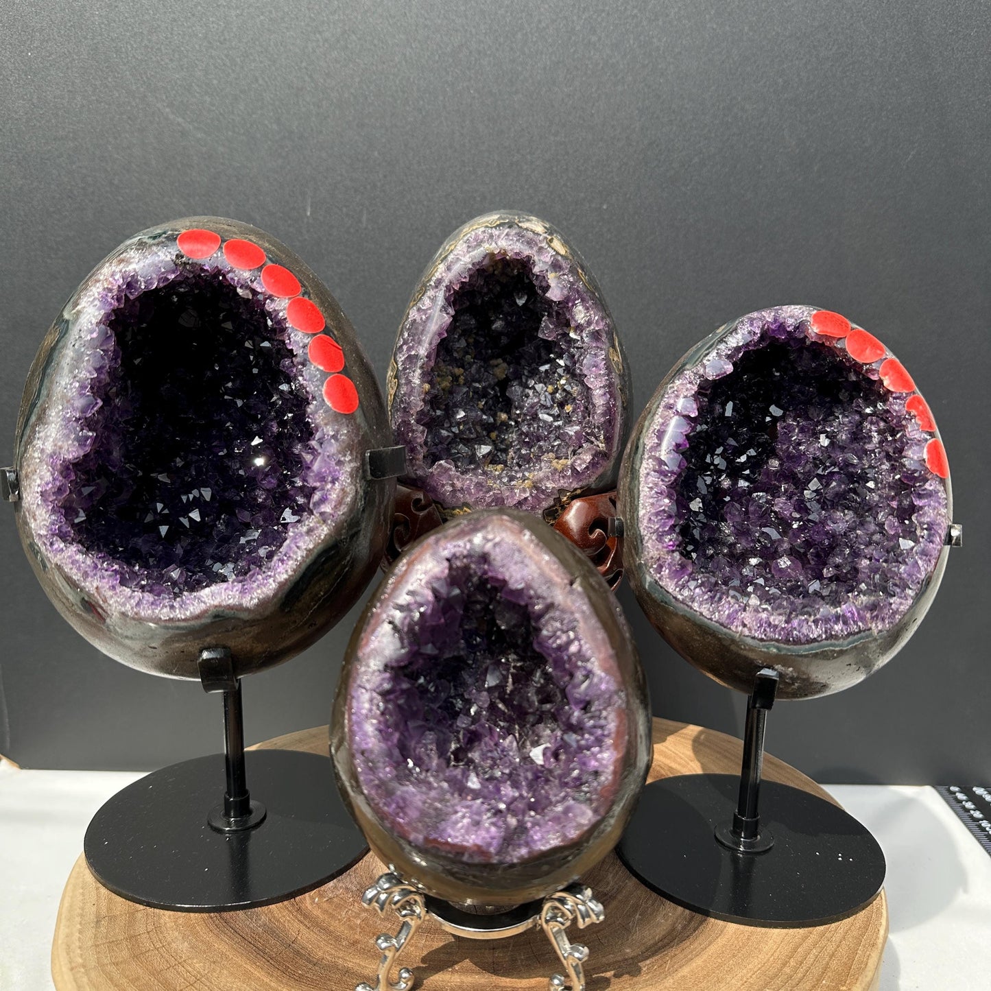 Polished Brazilian Amethyst Dragon Egg on Custom Stand, Dark Purple Geode Cave, Crystal Altar Decor Pick Exact Specimen A B C D