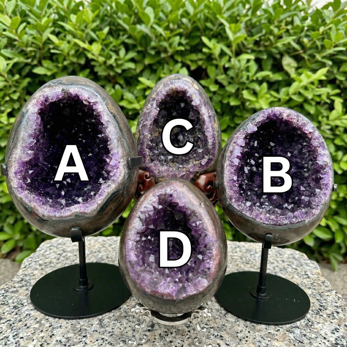 Polished Brazilian Amethyst Dragon Egg on Custom Stand, Dark Purple Geode Cave, Crystal Altar Decor Pick Exact Specimen A B C D